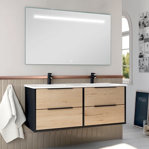 Meuble de salle de bain double vasque - 4 tiroirs - ALBA et miroir Led STAM - noir-Chêne - 120cm