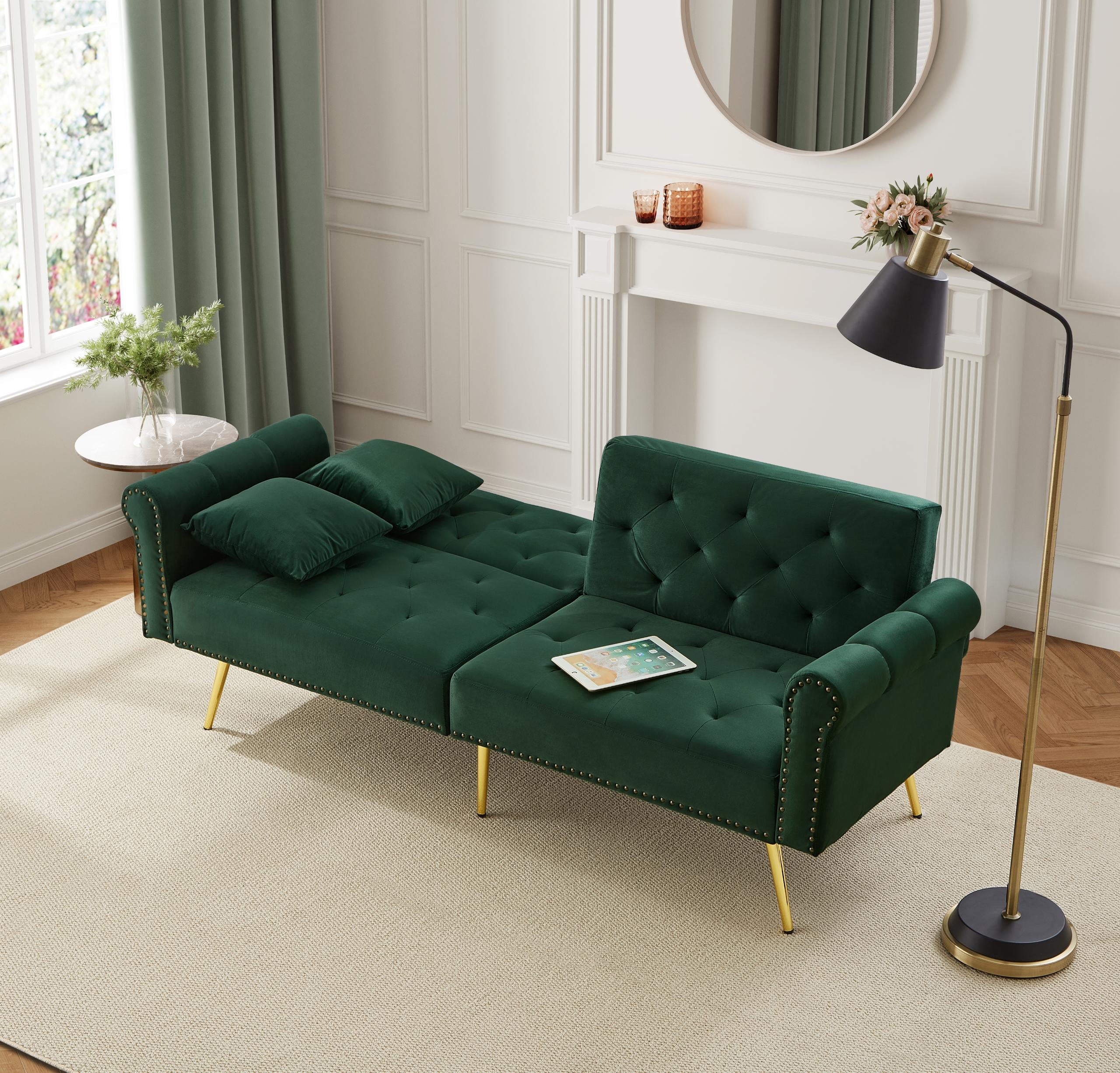 Divano letto a 2 posti in velluto - 173 x 75 x 70 cm - Gambe in metallo dorato - con funzione sleep - Verde antico - 7