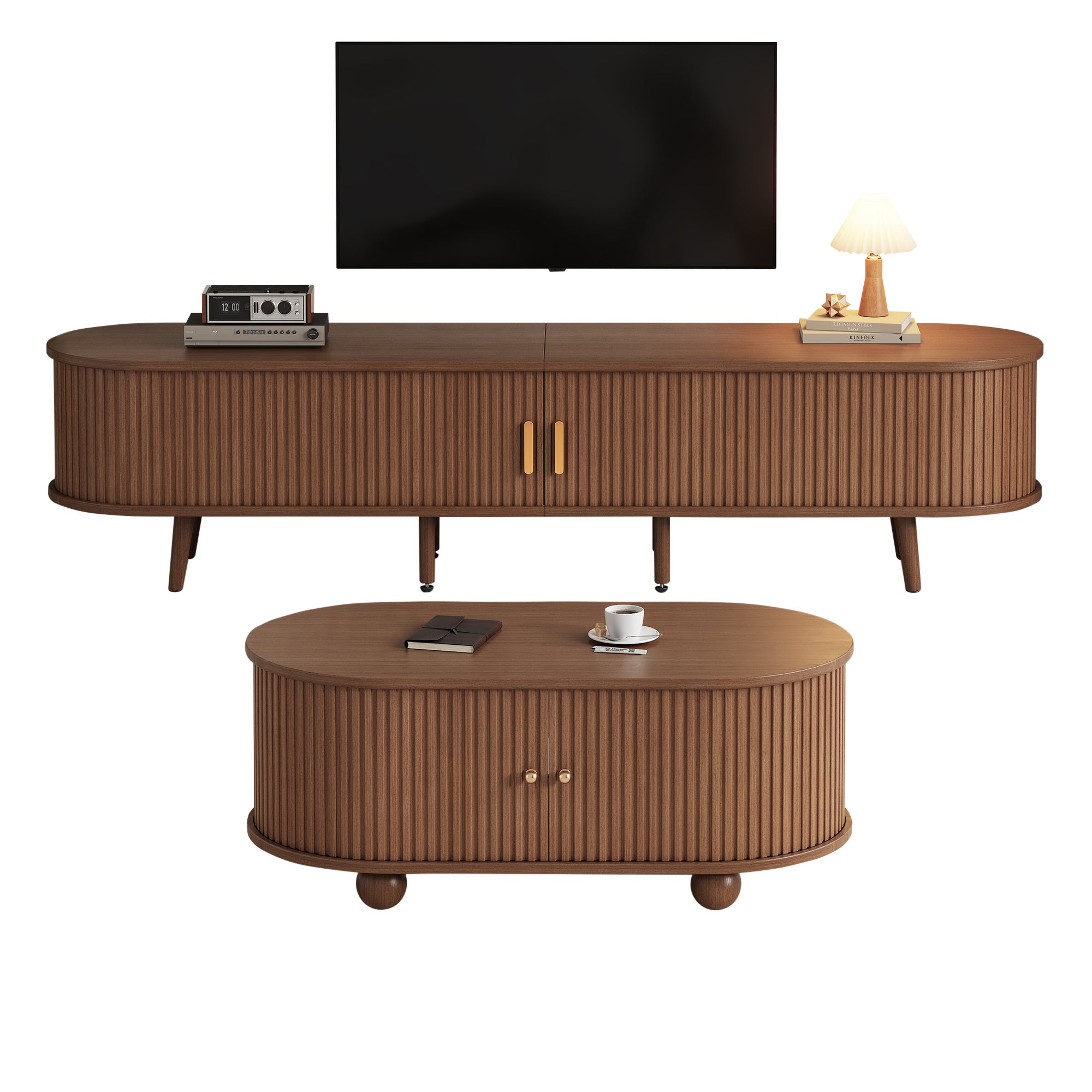 Ensemble Meuble TV + table basse - Portes coulissantes - 175 x 40 x 42 cm - MDF - Noyer - 4