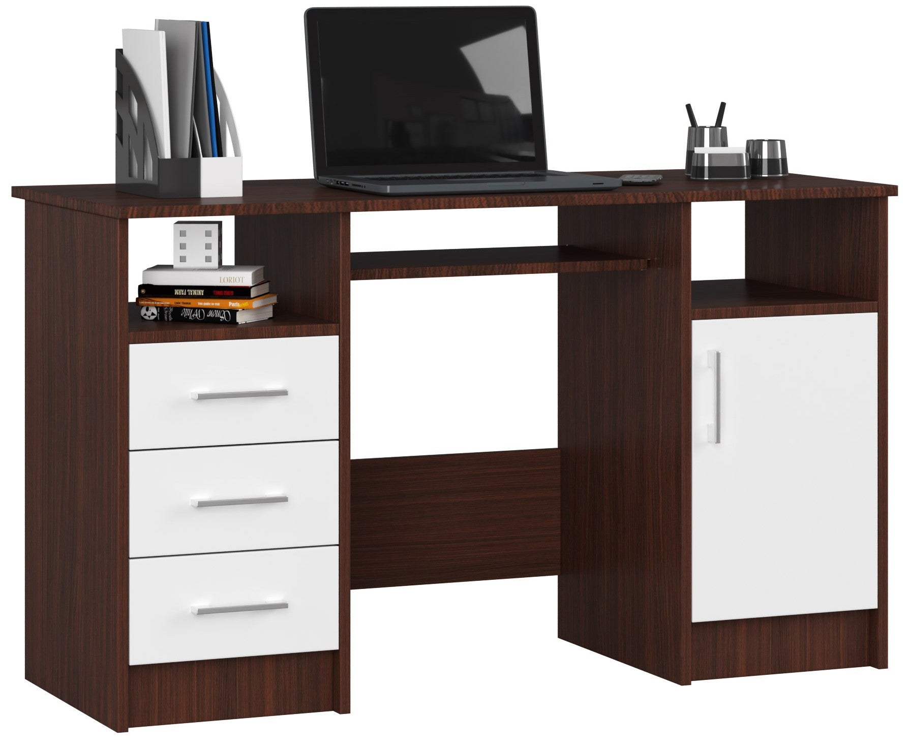 Biurko AKORD ANA Wenge 124 cm biurko komputerowe 1 drzwi 3 szuflady kolor Biały mat 5 półek 124x52x74 cm