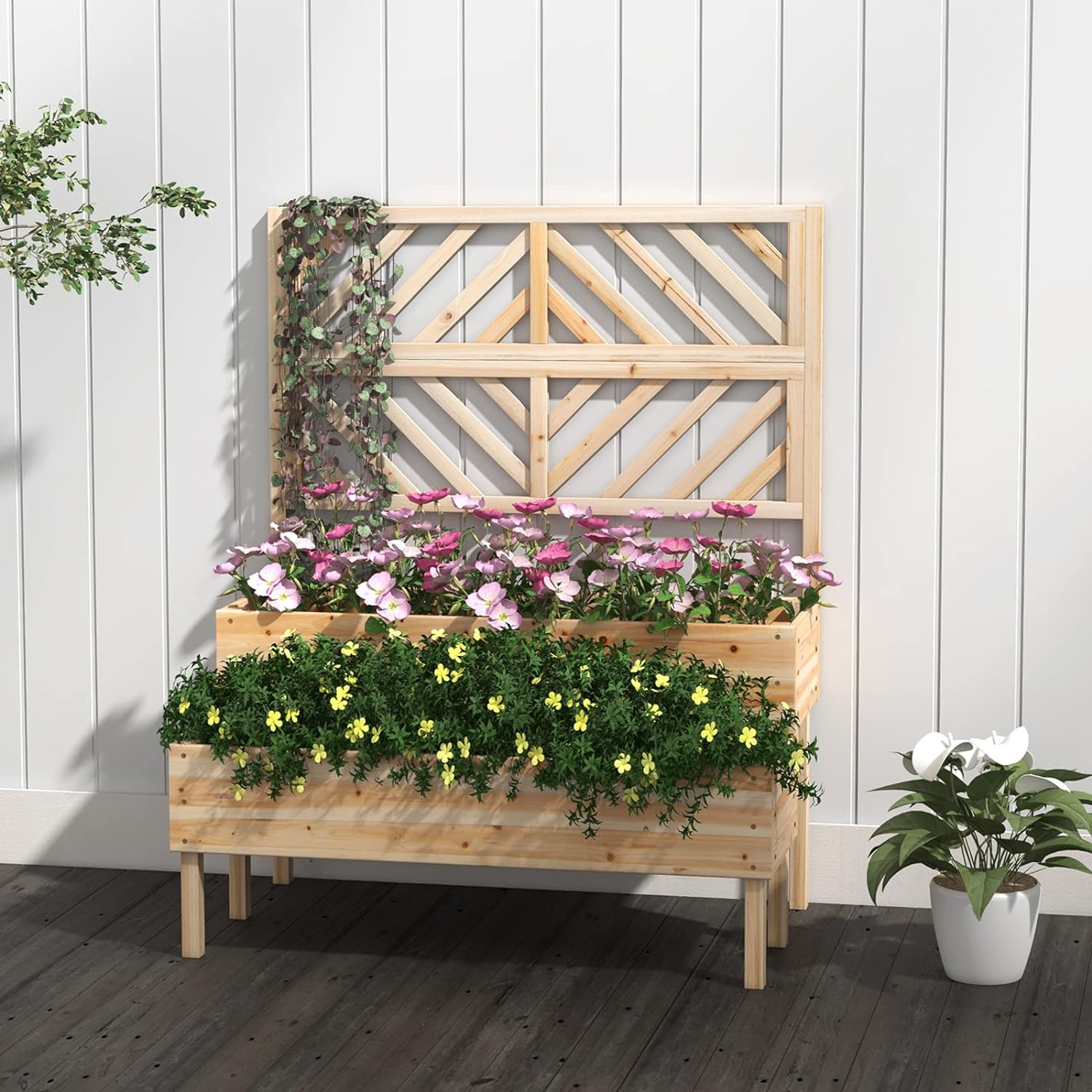 Jardinière Surélevée avec Treillis en bois, Bac à Fleurs 2 Niveaux avec Trou de Drainage, 109 x 62 x 135 cm, Naturel - 2