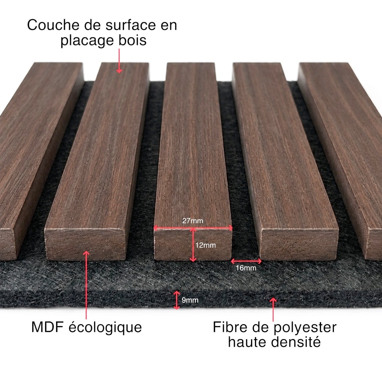 Lot de 3 panneaux muraux acoustiques décoratifs en MDF 240 x 60 cm, finition chêne noyer, Absorption sonore élevée (NRC 0,7) – Installation facile - 4