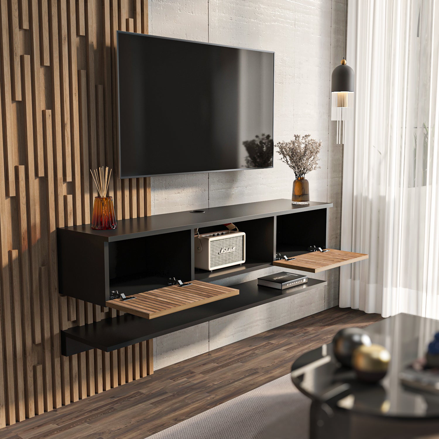 Meuble tv mural Elia flotant 140 cm - armoires - passe-cable - étagère murale incluse (noir et effet alina) - 4