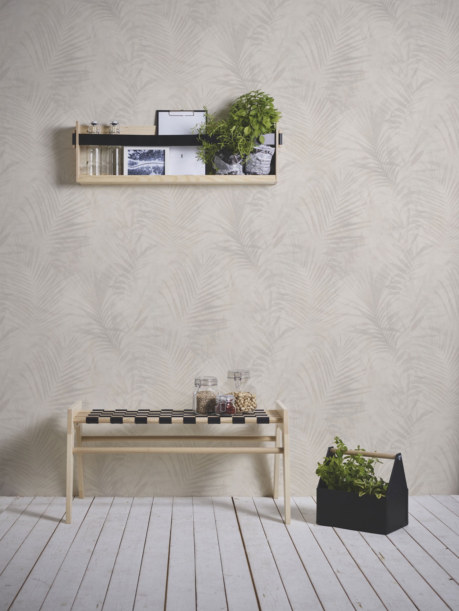Papel pintado crema para interior tropical Papel pintado estampado de hojas y plantas grises Papel pintado salón moderno, 10,05 x 0,53 m - 6