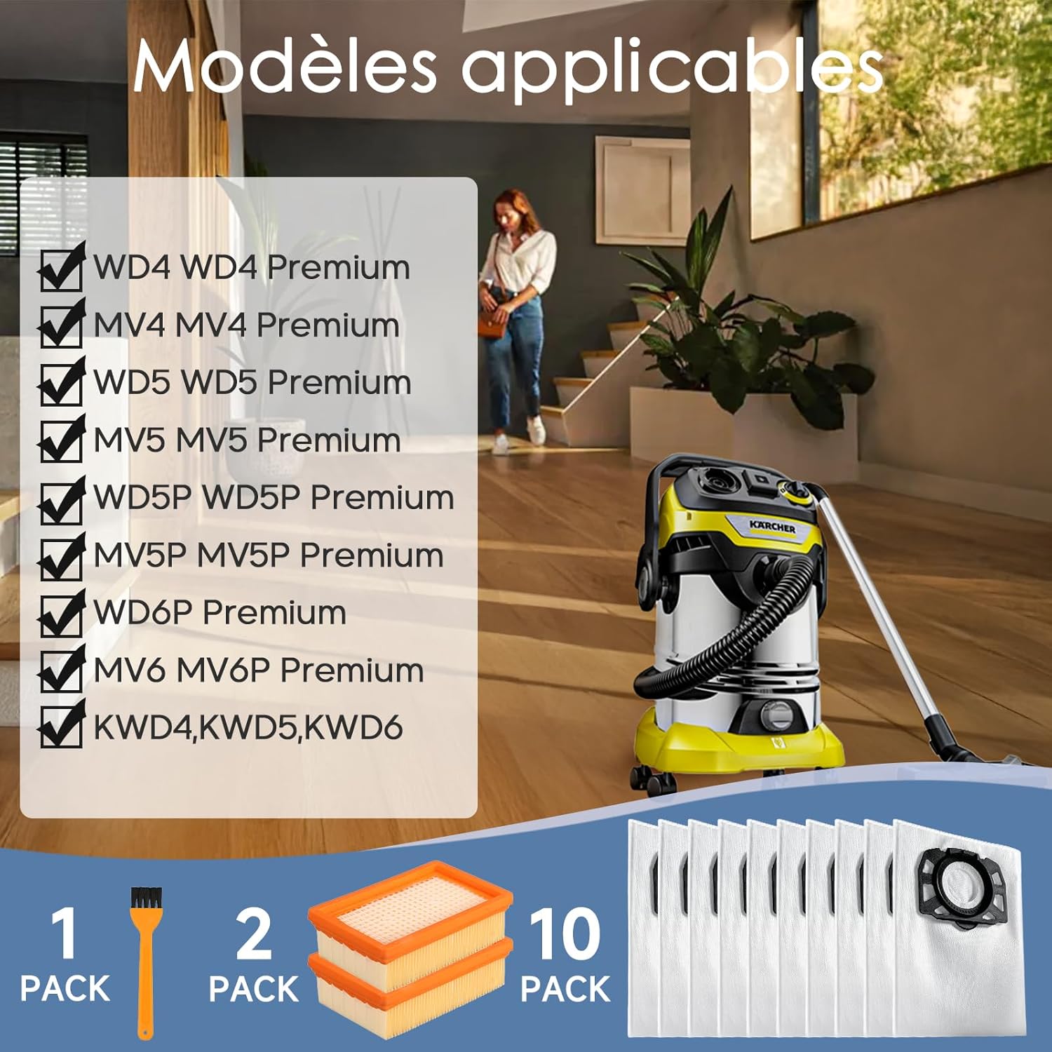 10 Sacs Aspirateur avec 2 Filtre KFI 4410 pour Karcher WD4 WD5 WD6 WD5P WD6P MV4 MV5 MV6 Accessoire Aspirateur Rechange HEPA Filtre 2.863-006.0 - 2