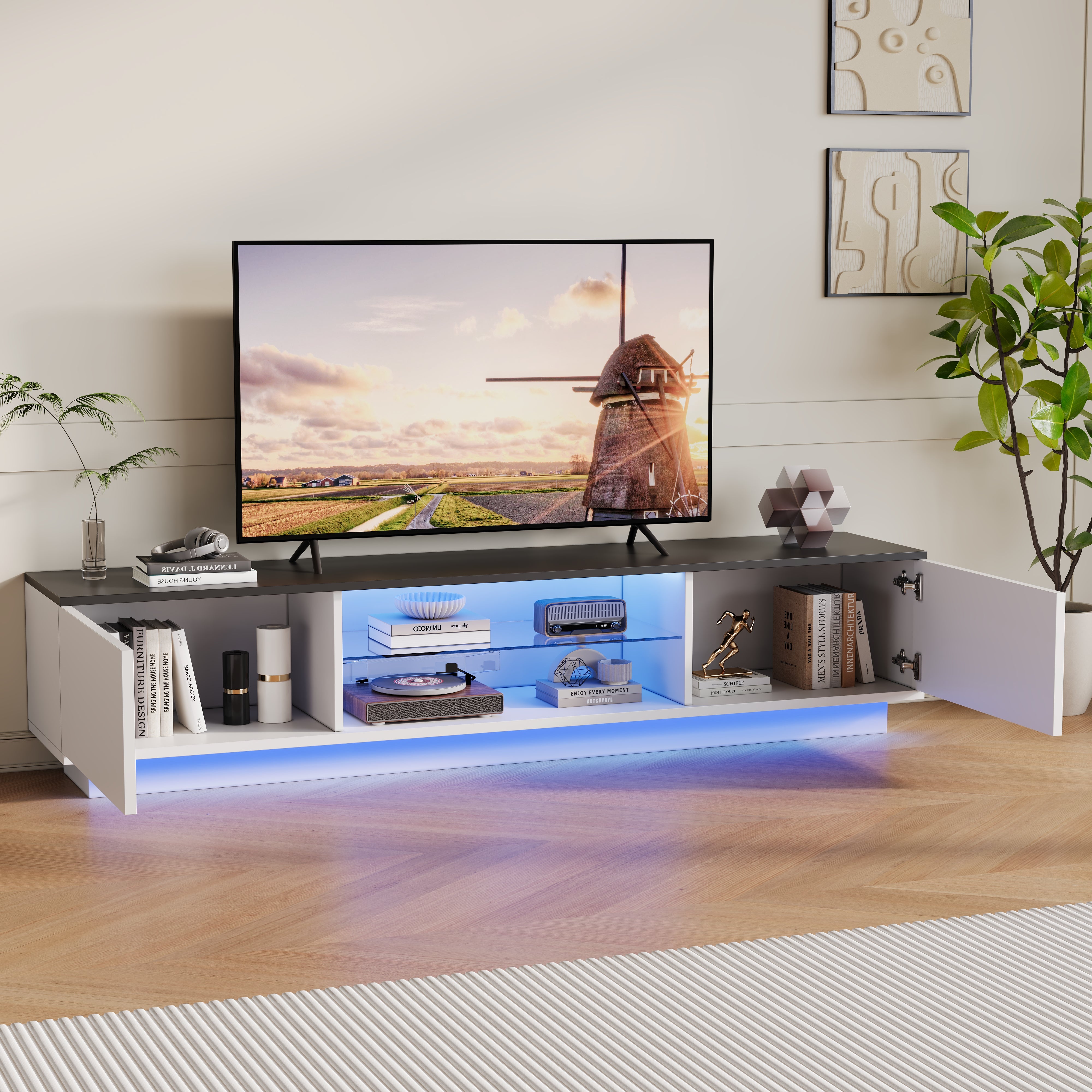 Meuble TV Blanc,Meuble TV Bois avec 2 Portes de Rangement et Étagères en Verre Intégrées,Meuble TV Led,TV Meuble Moderne,130x32x35cm,Blanc - 8