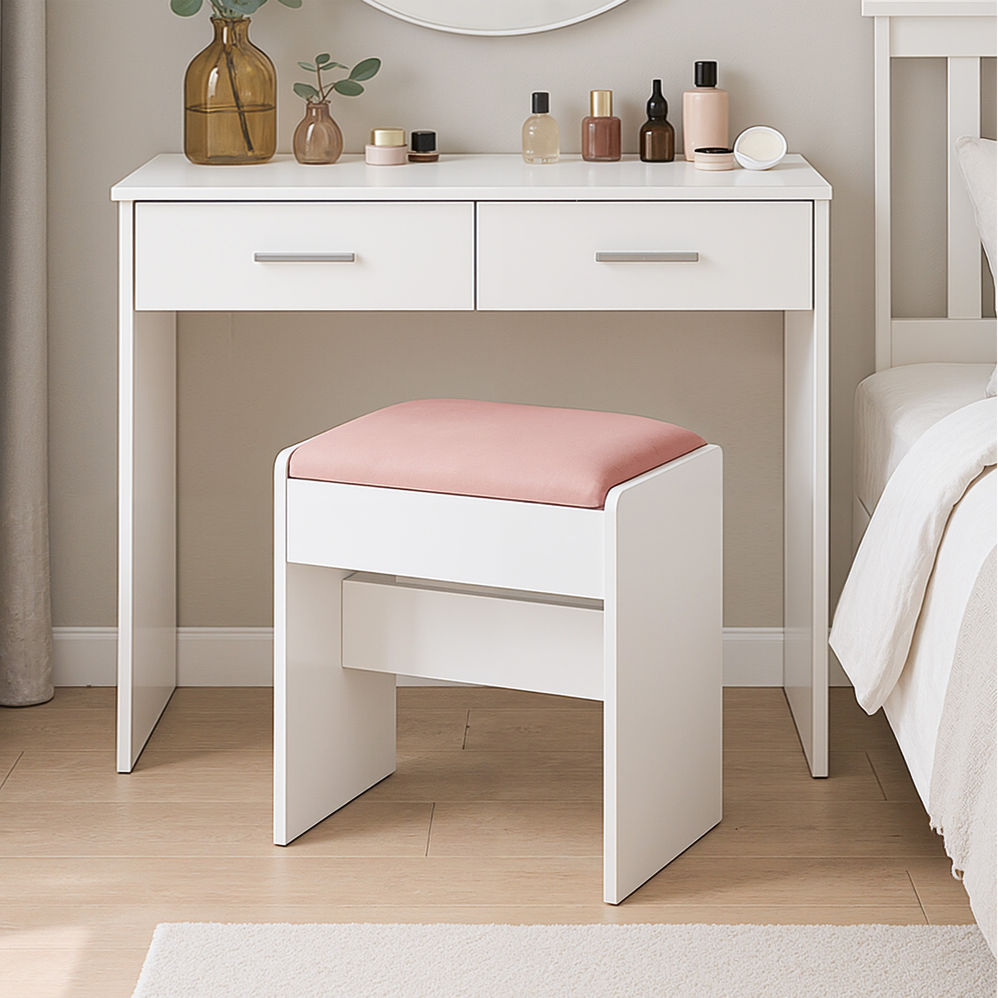 Tabouret de Coiffeuse, Tabouret de Maquillage Rembourré, en Velours, avec Patins Antidérapants, pour Salle de Bain, Chambre, Entrée, Blanc et Rose - 3