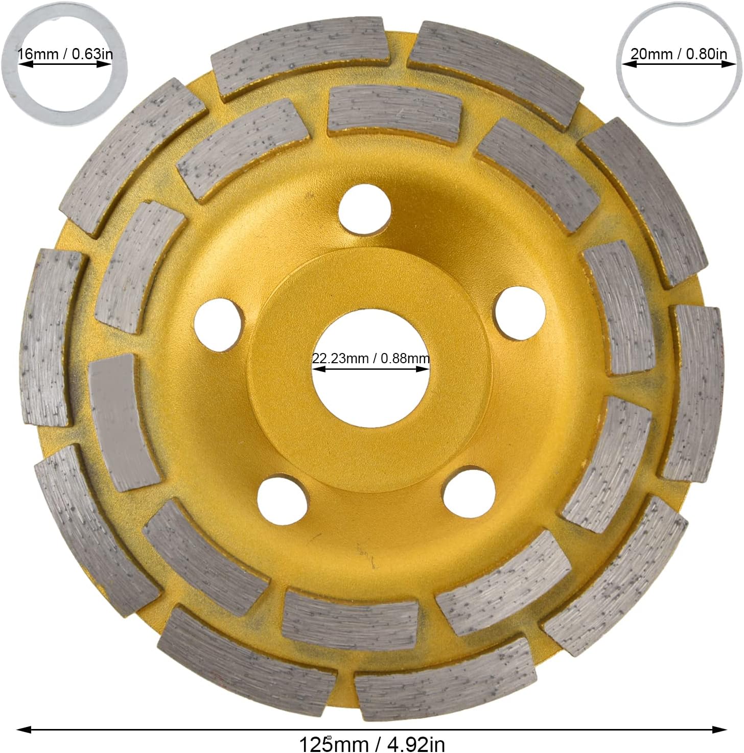 Meule boisseau diamantée à usage général de 125 mm pour béton et pierre - Double rangée, montage de 22,2 mm - 3