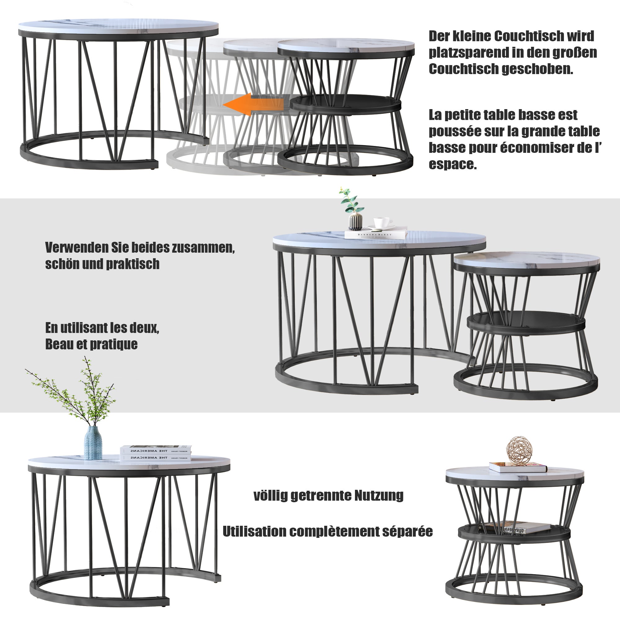 Ensemble de 2 Tables Basses Rondes, Tables Gigognes de Salon Modernes avec Pieds en Métal Doré, Noir et Blanc(70 x 45cm) - 6