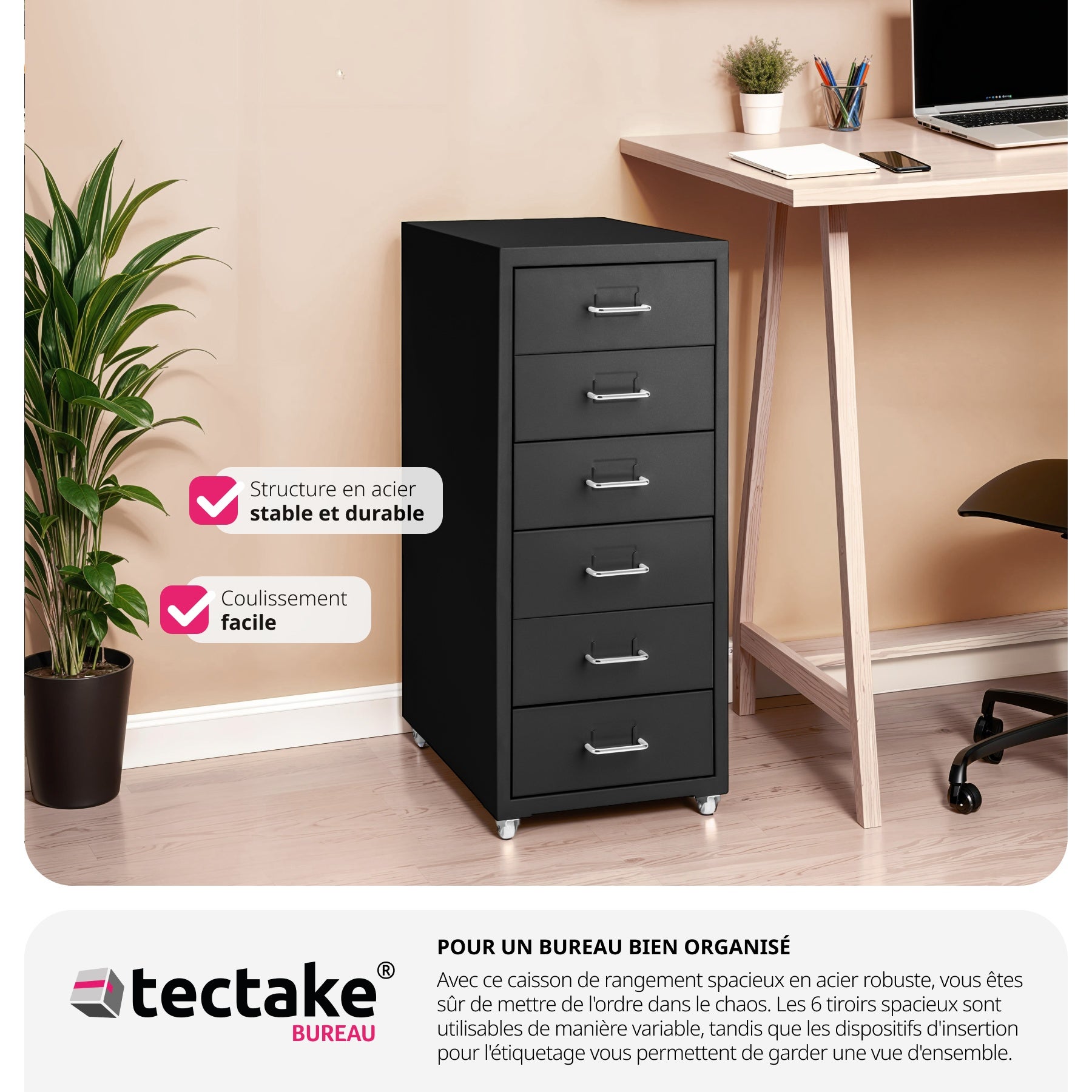 Caisson de bureau roulant en métal 41x28x69cm en acier TECTAKE - 5
