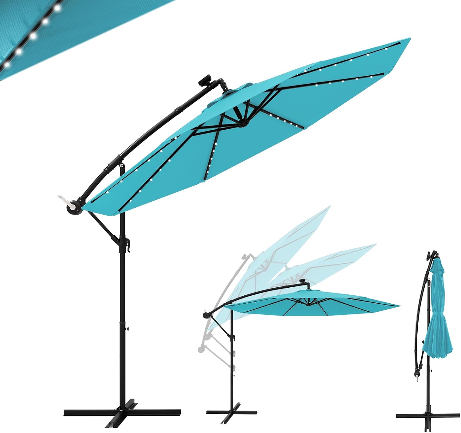 3M Parasol z Bocznym Wysięgnikiem i Lampką LED, Parasol z 8 Żebrami i Podstawą Krzyżową, Duży Parasol z Regulacją Nachylenia i Korbką (Turkusowy)