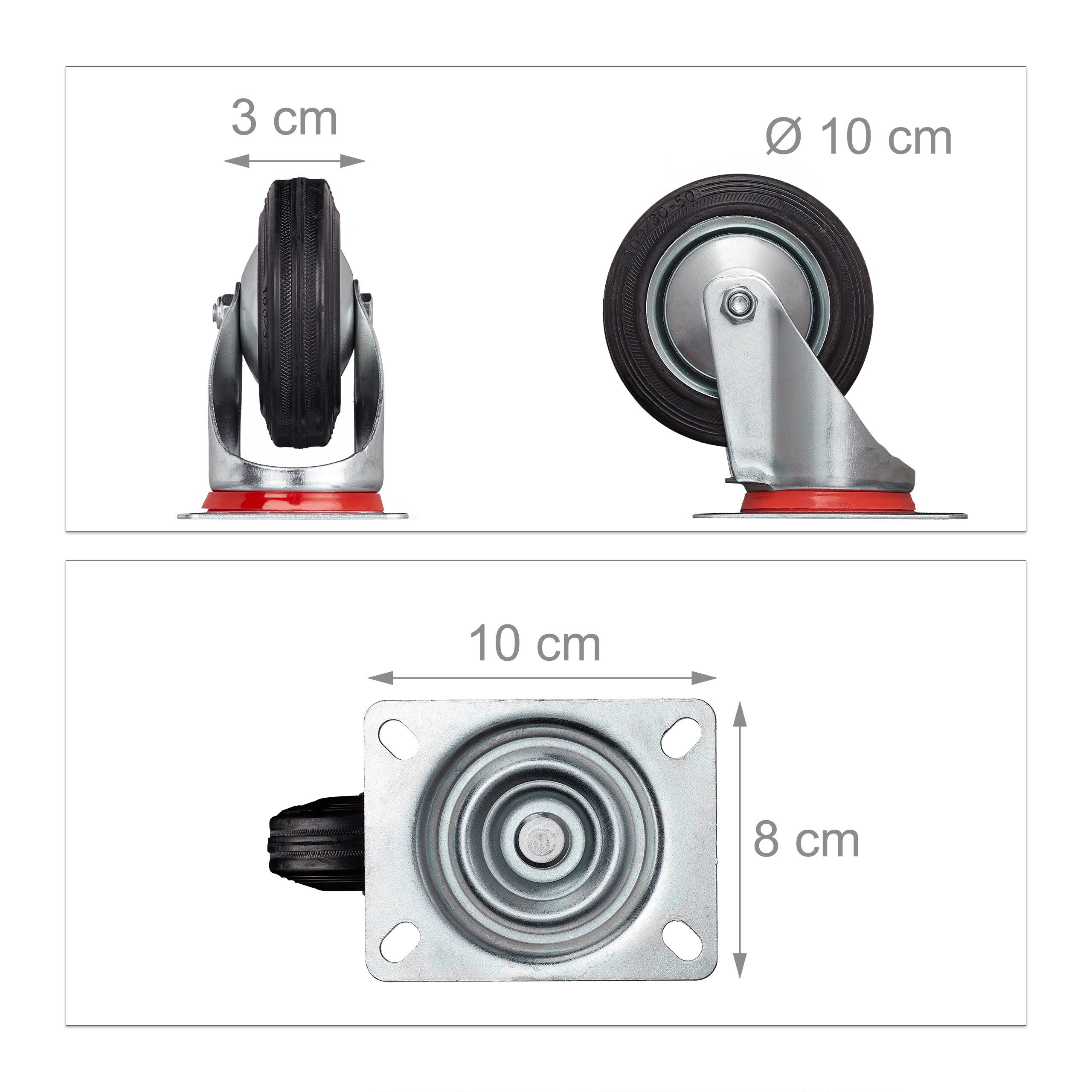 Roues charge lourde jeu de 4, pivotent à 360°, roulement à billes, 2 freins, 280 kg, 100mm, noires, Relaxdays - 3