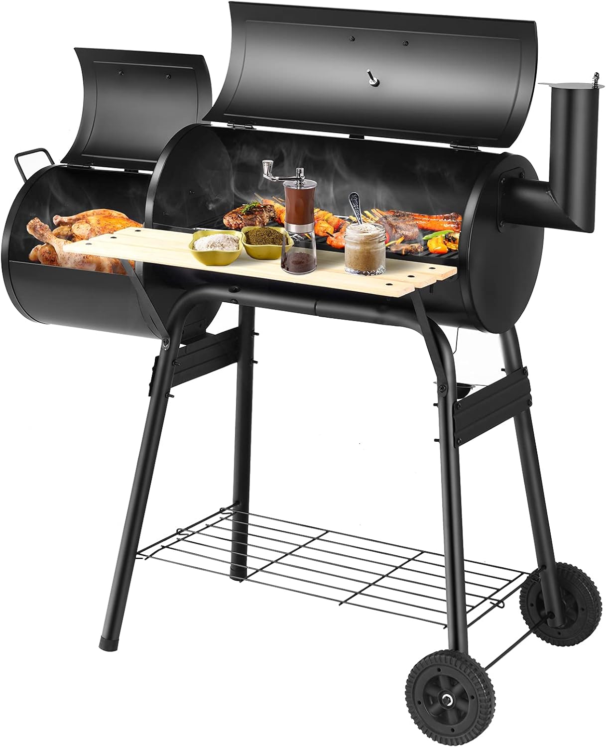 Grill na węgiel drzewny z pokrywką, wędzenie 2 w 1, grill na kółkach z kółkami, uchwyty drewniane, termometr, grill na węgiel drzewny, na kemping