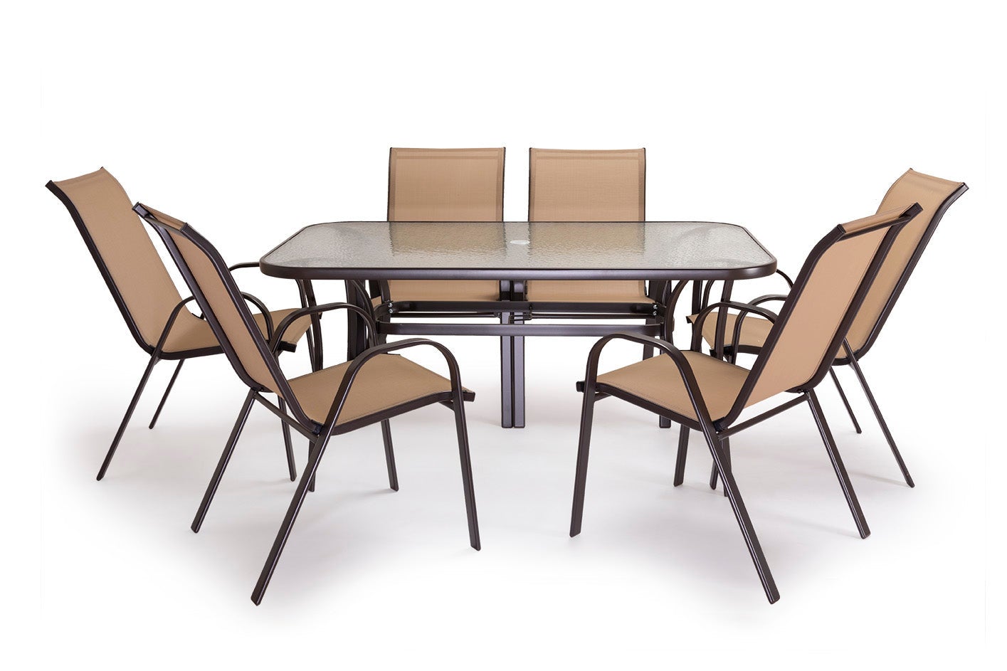 Mesa de Cristal Templado HC + 6 Sillas. Muebles de Jardin y Terraza, Marron - 6