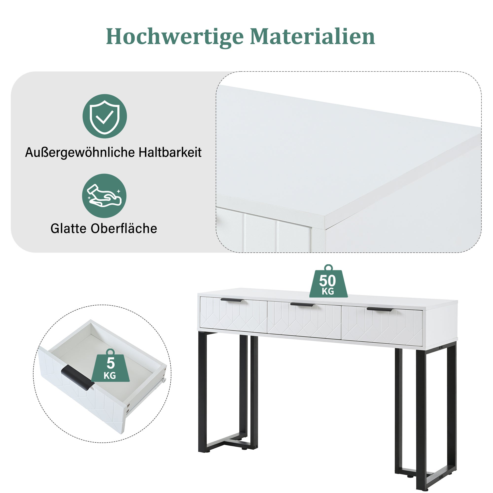 Table console moderne avec 3 tiroirs - 120 x 36 x 80 cm - MDF - pour salon, couloir - blanc + noir - 6