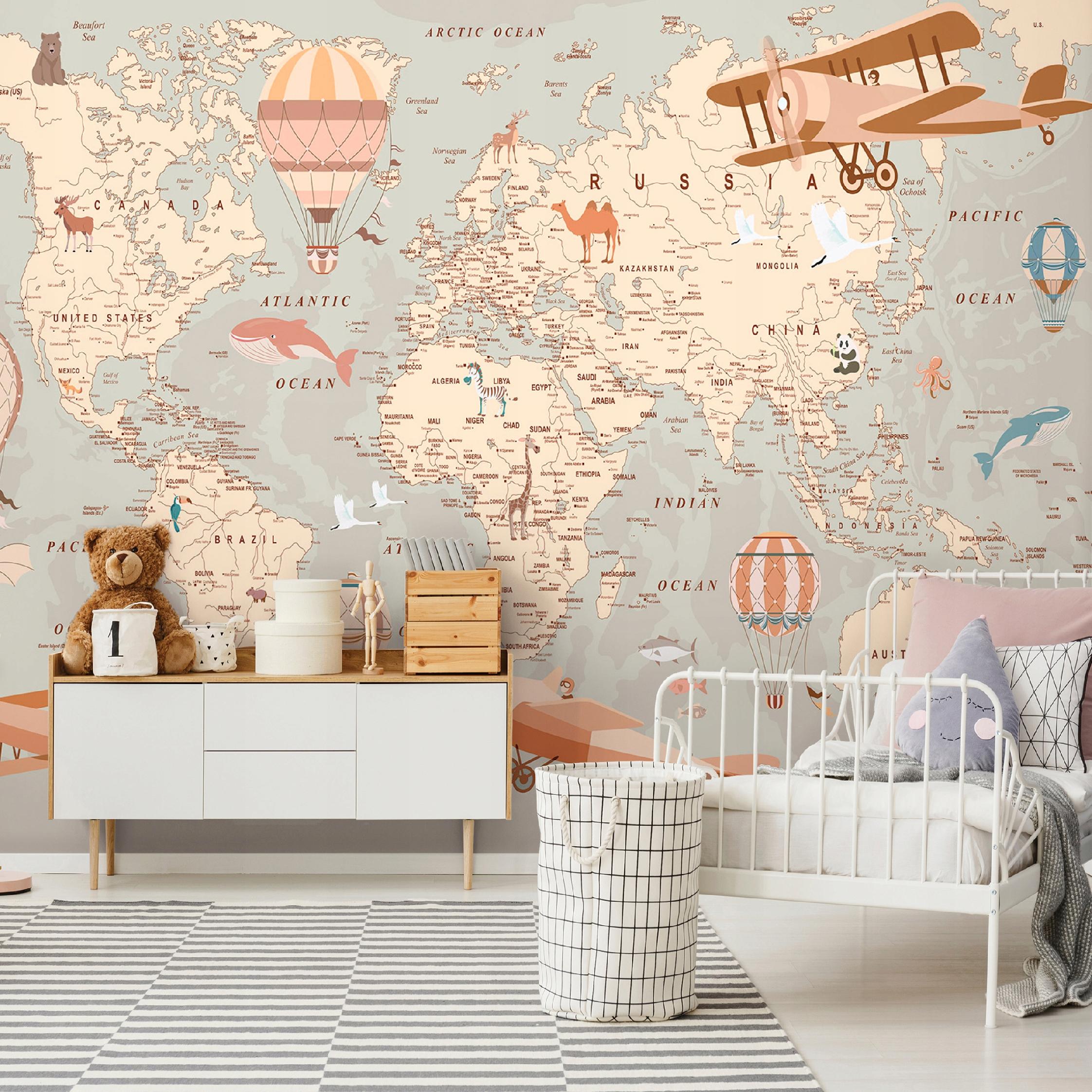 Papier Peint Enfant Intissé Panoramique Carte du monde Animaux 254x184 cm - Colle Inclus - Chambre Enfant - Papier Peint Beige - 2