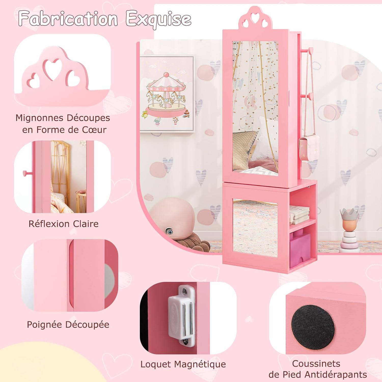 Armadio Portagioie per Bambini, Armadio Porta Abiti 3 in 1 con Specchio a Figura Intera e Appendiabiti, Armadio Organizzatore per Gioielli con - 7