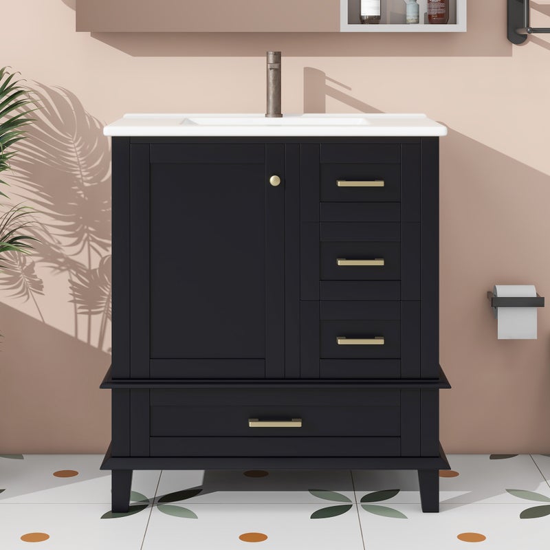 Stojący mebel łazienkowy - z ceramiczna umywalką - 1 drzwi i 3 szuflady - Czarny (bateria nie jest wliczona w cenę)