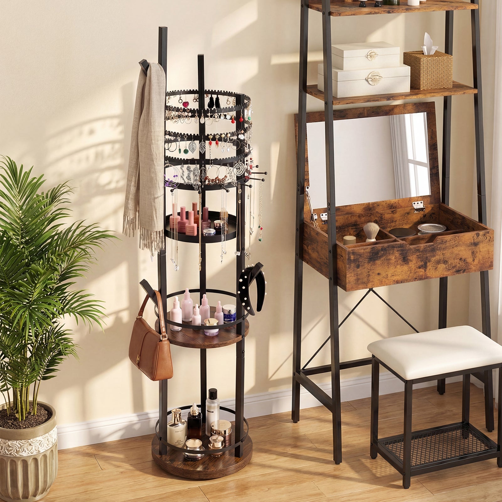 Support Organiseur pour Bijoux, Arbre à Bijoux Pivotant à 360° avec Crochets pour Boucles d'Oreilles et Colliers, 3 Étagères de Rangement, Marron - 7