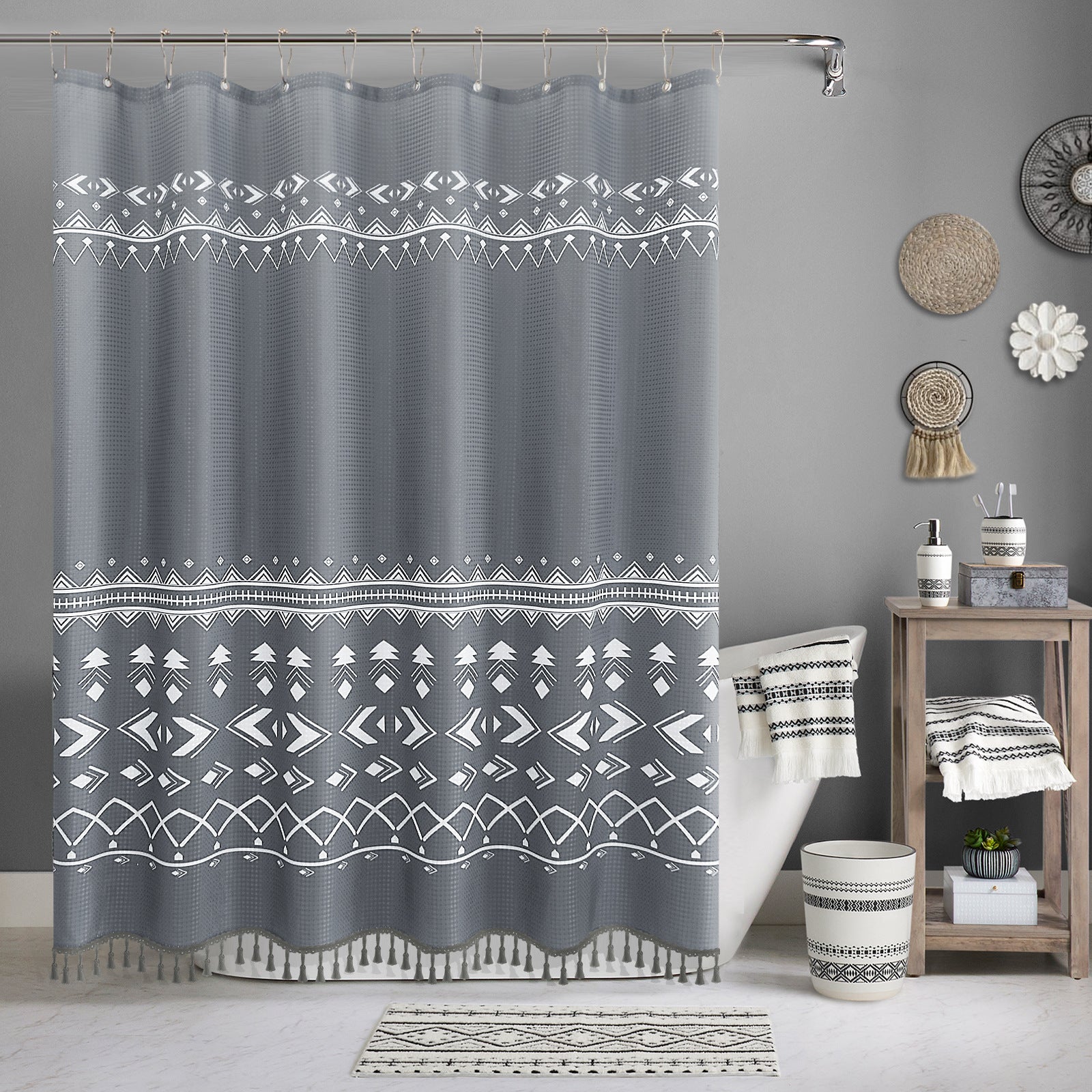 Zasłona prysznicowa 180 x 180 cm Zasłona prysznicowa w kolorze boho szara Wodoodporna, drukowana zasłona prysznicowa z poliestru