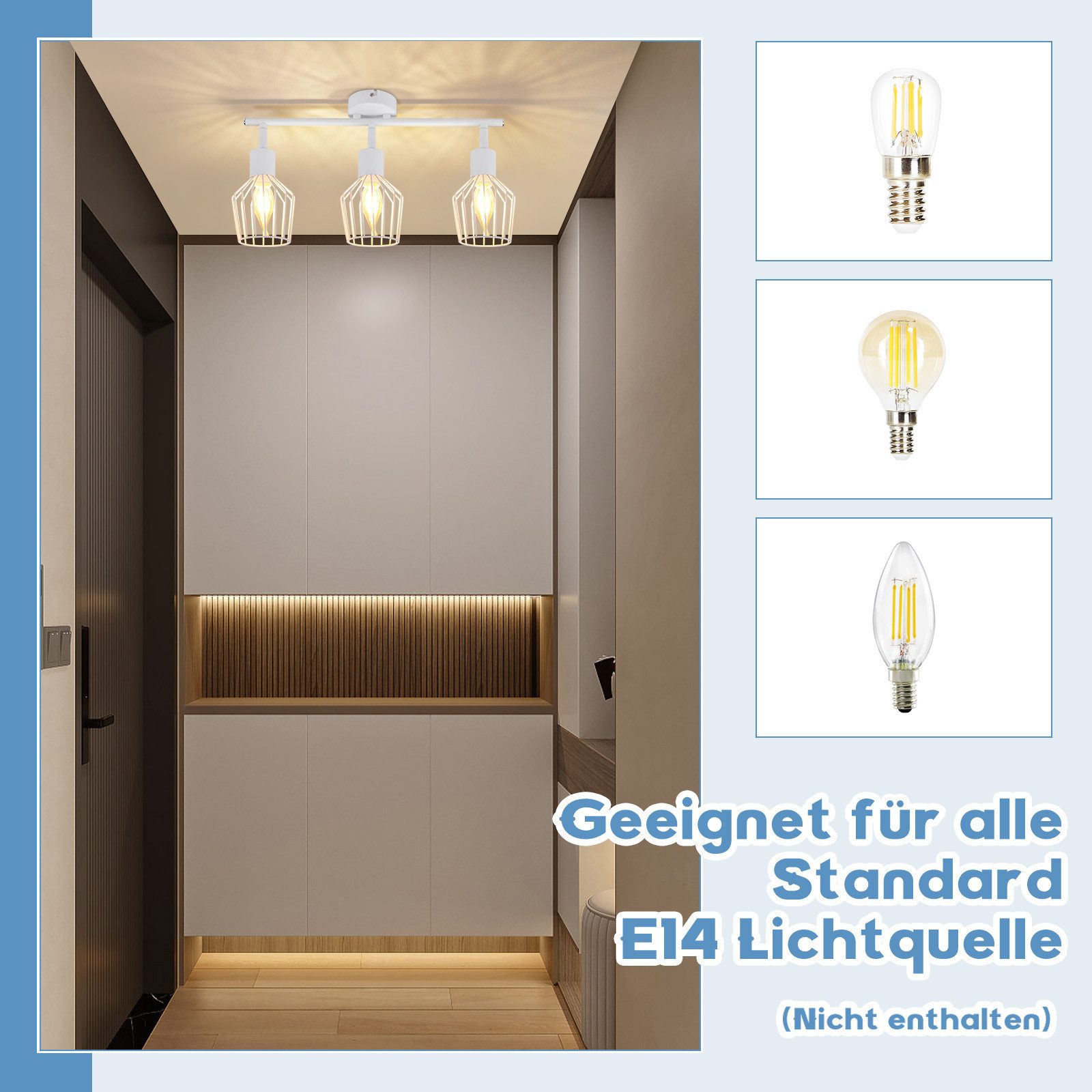 NETTLIFE Foco de Techo，3 luces E14 - Metal, Lámpara de Pasillo Industrial Giratoria 350°, Aplique de Pared para Pasillo y Sala de Estar, Blanco - 3