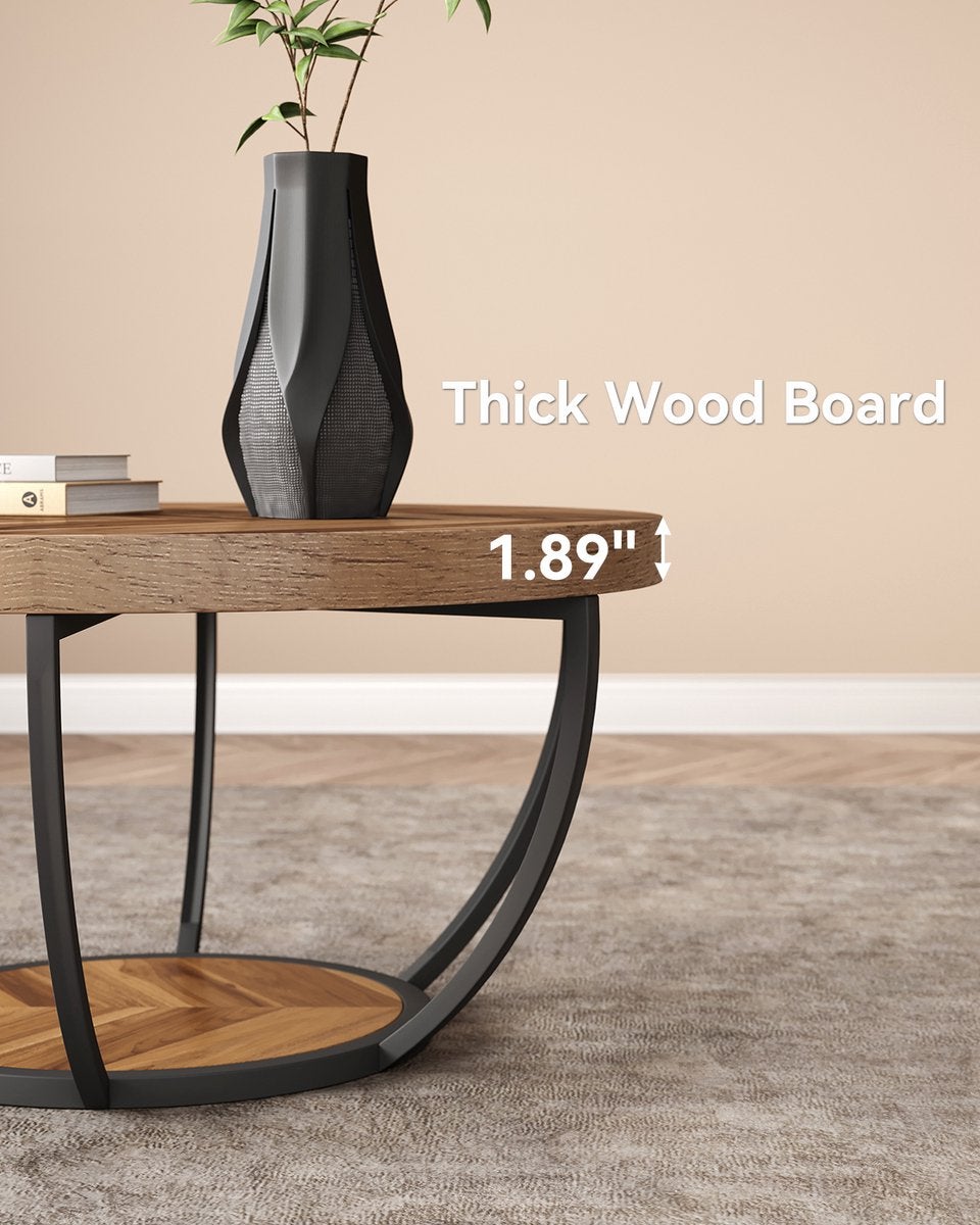 Tribesigns Industrial 2-Tier round Coffee Table , 80*80*45CM, with Storage Shelves for Living Room, Wooden Grain - 6