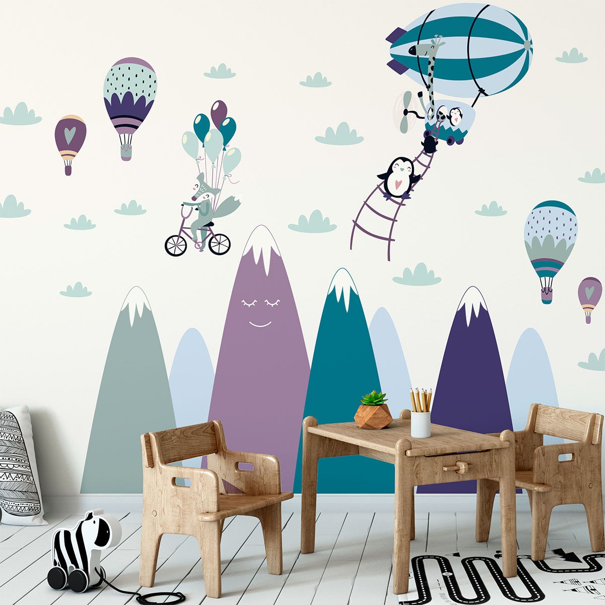 Vinilo niño escandinavo de montaña animales graciosos - adhesivo de pared - revestimiento sticker mural decorativo - 120x180cm