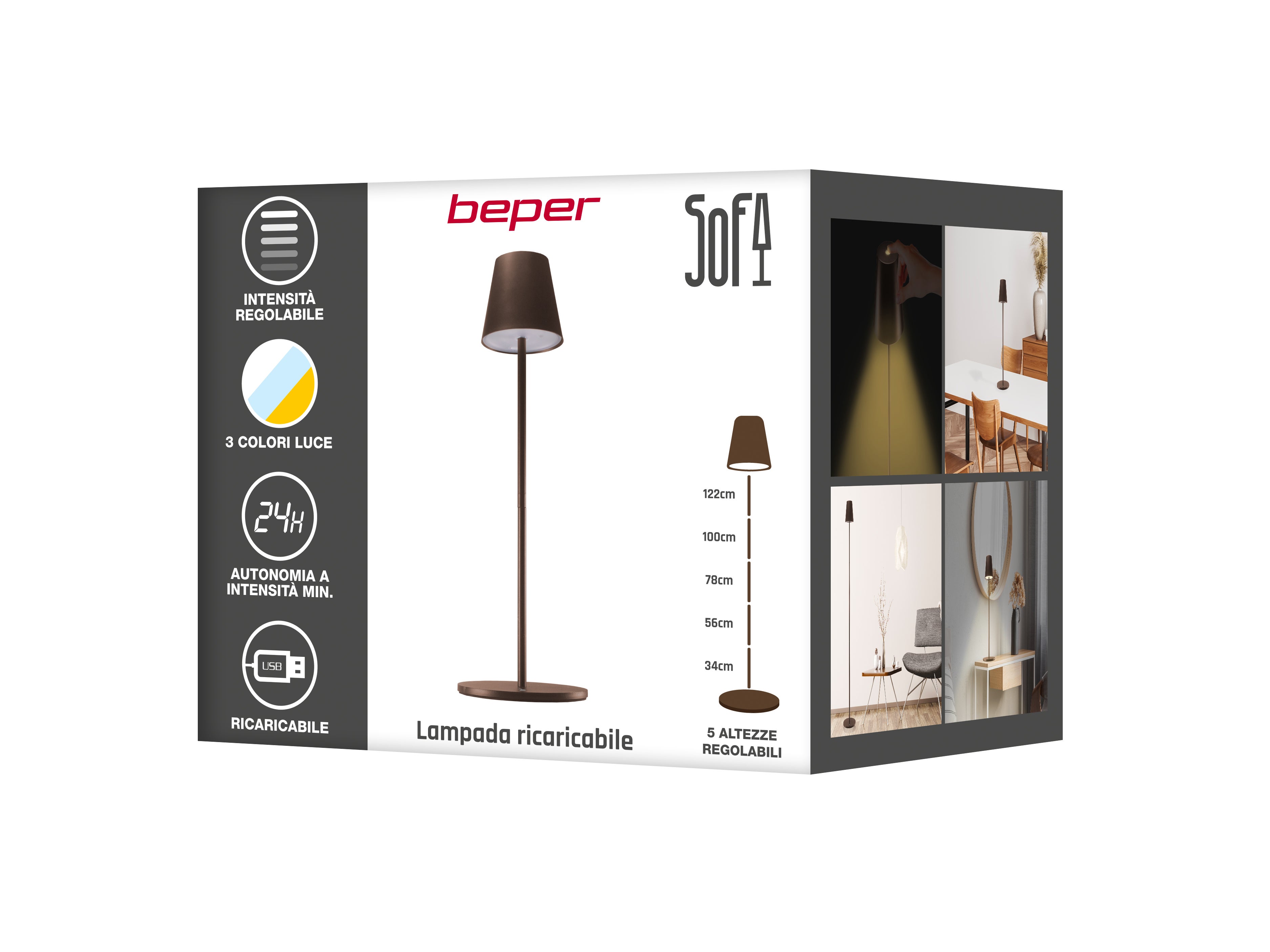 BEPER P201UTP403 Lampada da terra con altezza regolabile, Lampada da scrivania 2,3W, Lampada ricaricabile cavo USB type-C, 3 tonalità di Luce - 6