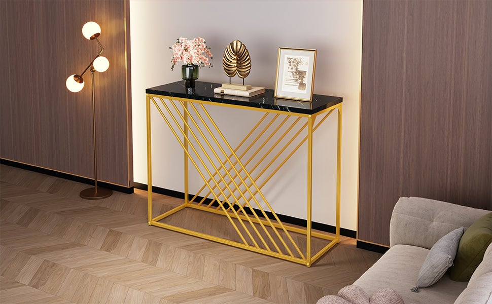 Table console moderne - 100 x 35 x 77 cm - MDF et pieds en métal dorés - pour salon, couloir - Plateau en effet marebre - Noir - 6
