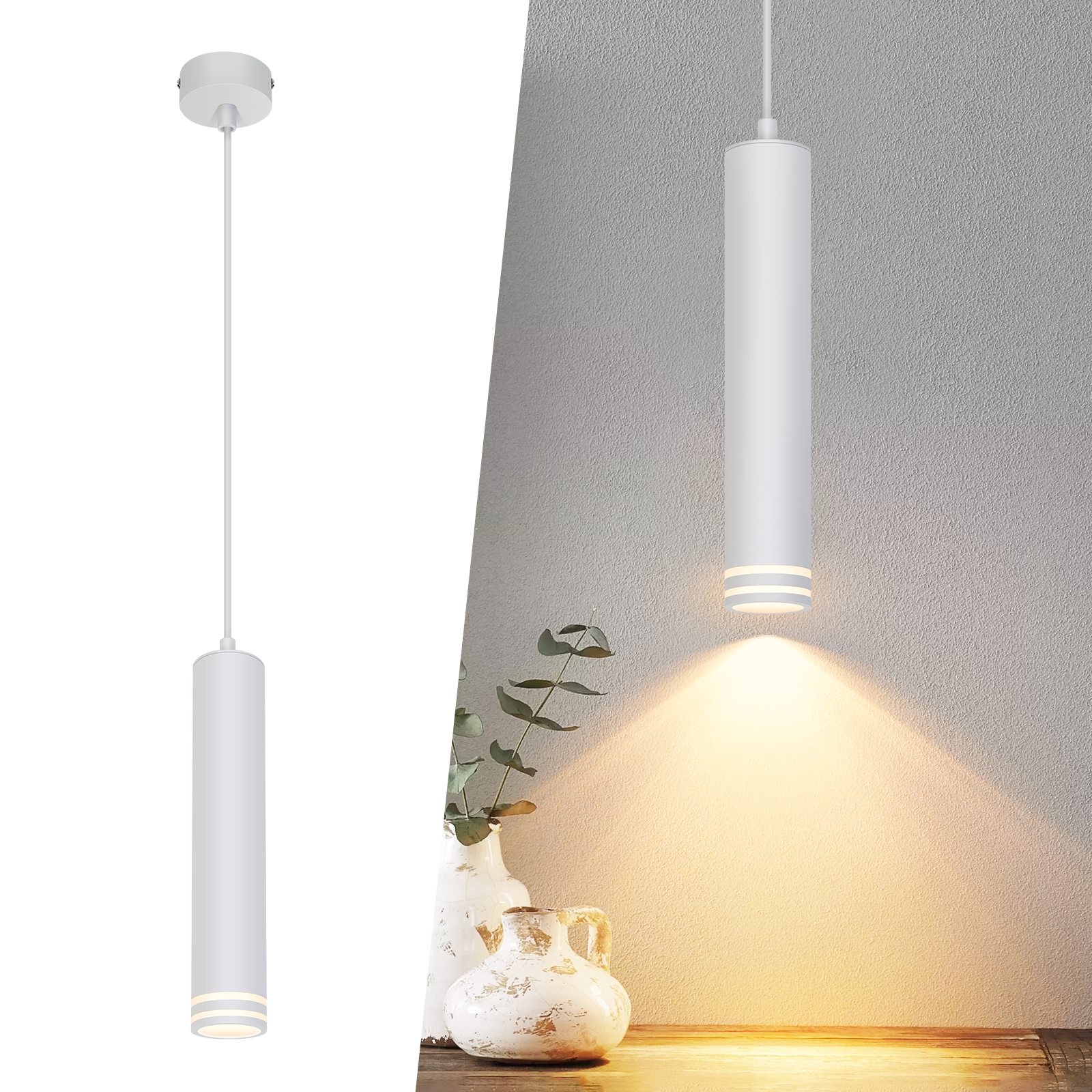 ZMH Lampa wisząca cylindryczna GU10, 1 żarówka, nowoczesna biel, do kuchni, sypialni, salonu