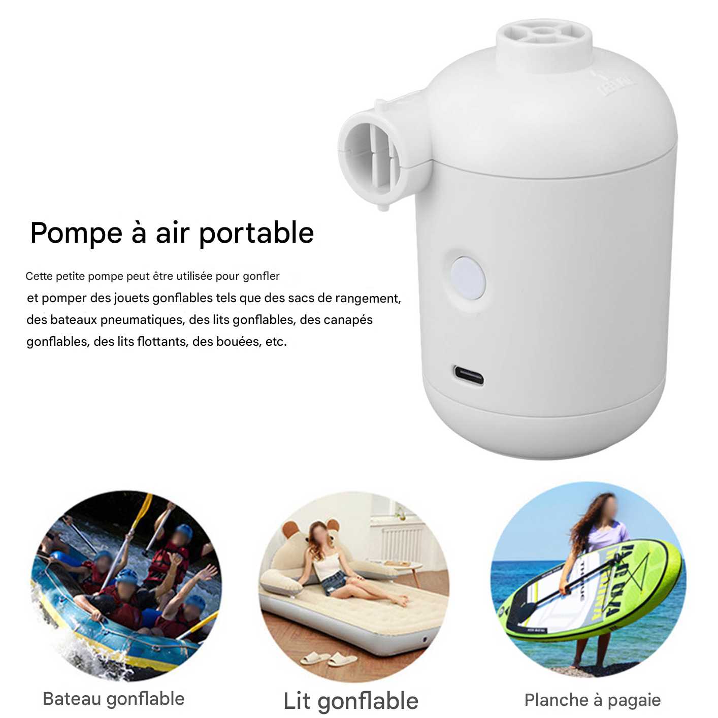 Bomba eléctrica portátil 0,3 psi para bolsas, colchones inflables, flotadores – Mini bomba USB 4 boquillas – ComfortXL - 2