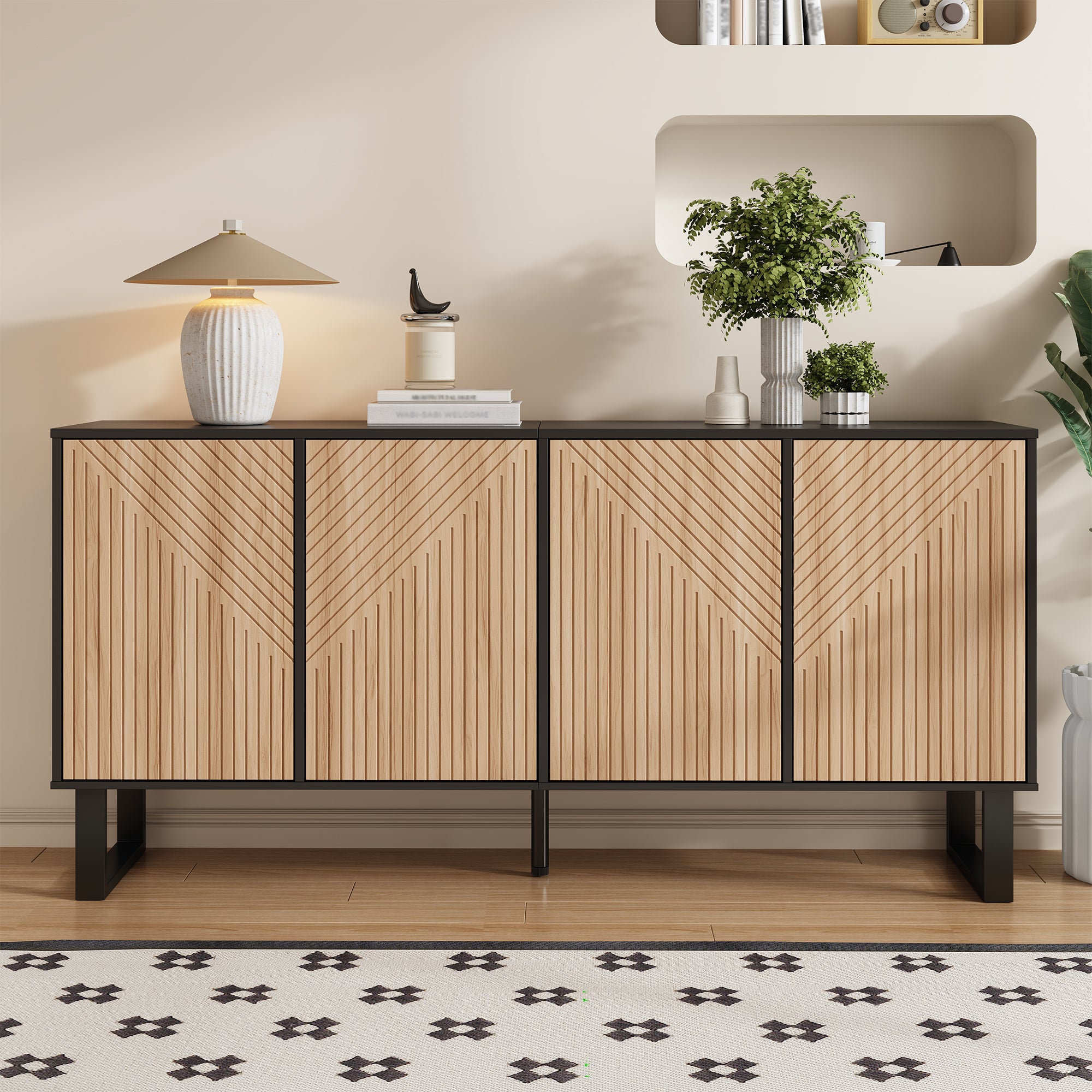 Nowoczesna komoda z 4 drzwiami - 160 x 38 x 75 cm - Płyta wiórowa + MDF - Kolor naturalny + czarny - 7