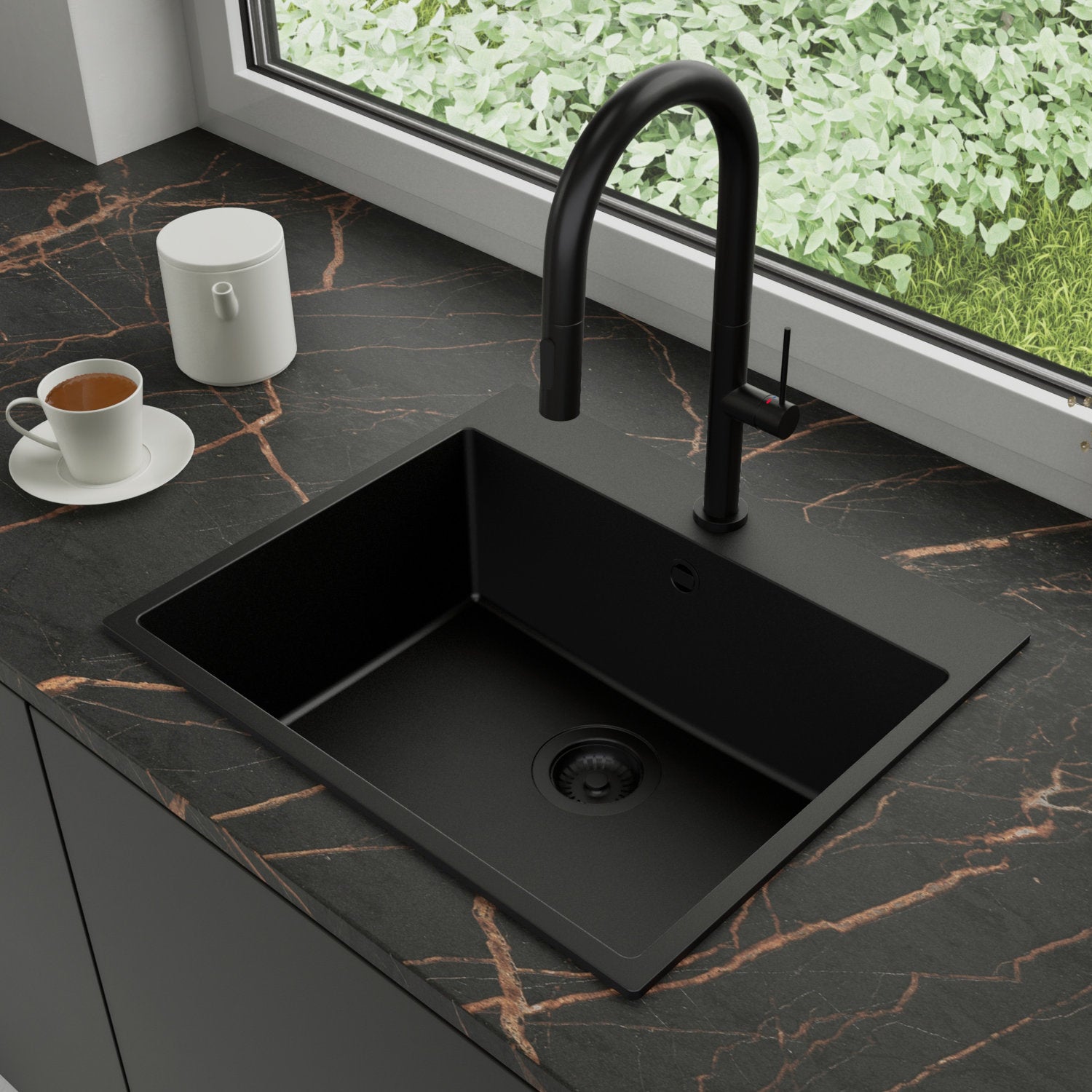 Zlewozmywak Granitowy 58x50cm, do szafki od 60cm + Bateria + Syfon - Amber Cały Czarny STONESTYLE