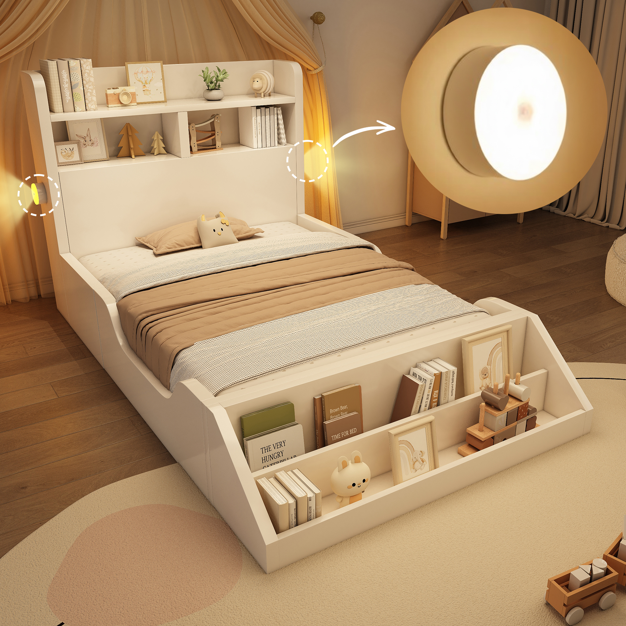 Łóżko Pojedyncze Drewniane 90x200 cm dla Młodzieży/Dzieci z Półkami, Lampkami Nocnymi i Zdejmowanym Regałem - Czysta Biel