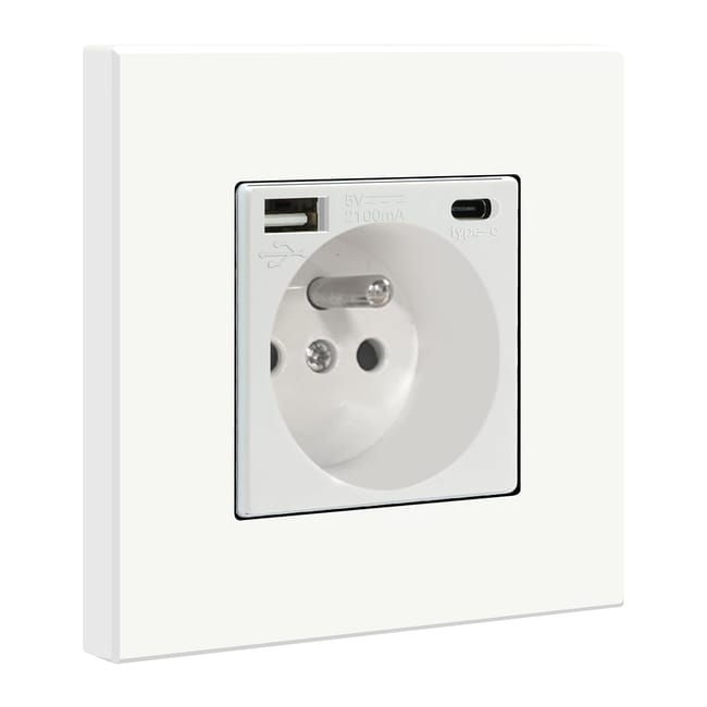 Gniazdo ścienne z portem USB i 1 portem typu C, gniazdo zasilania AC 16 A z panelem, listwa zasilająca montowana na ścianie (maks. 2,1 A), odpowiedni