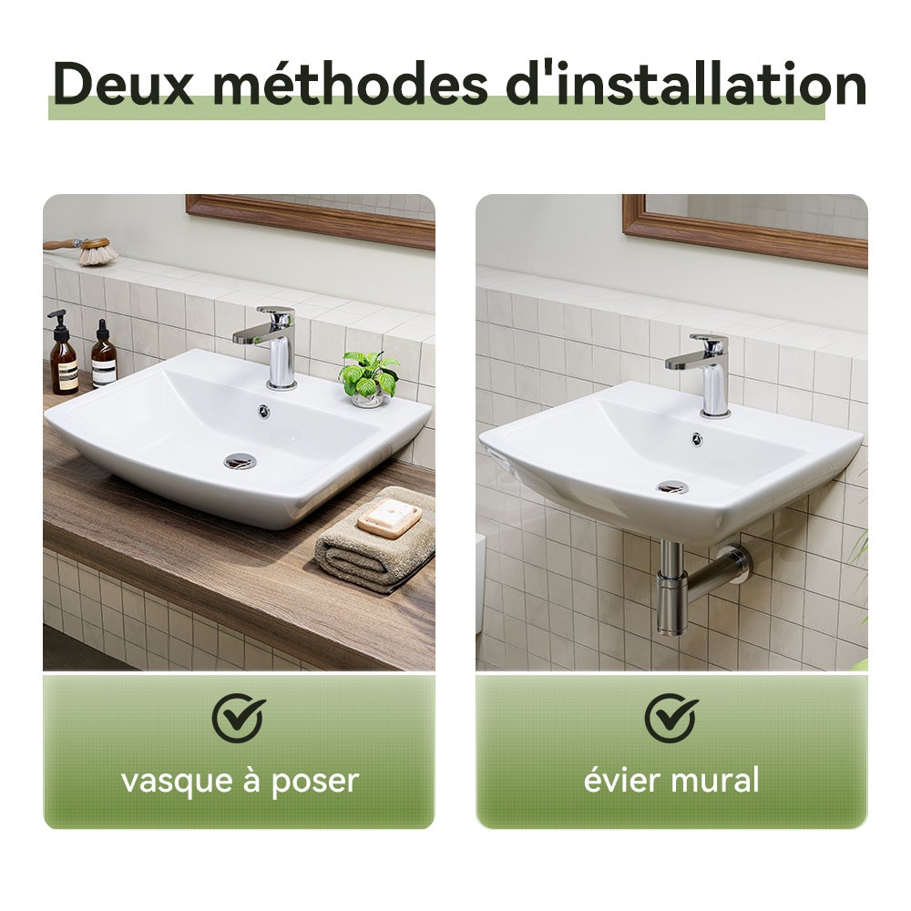 Lavabo en céramique, 1 trou pour robinet, avec trop-plein, pour petits invités, WC, petit lavabo, en céramique, blanc, 48 x 42 cm HOROW - 2