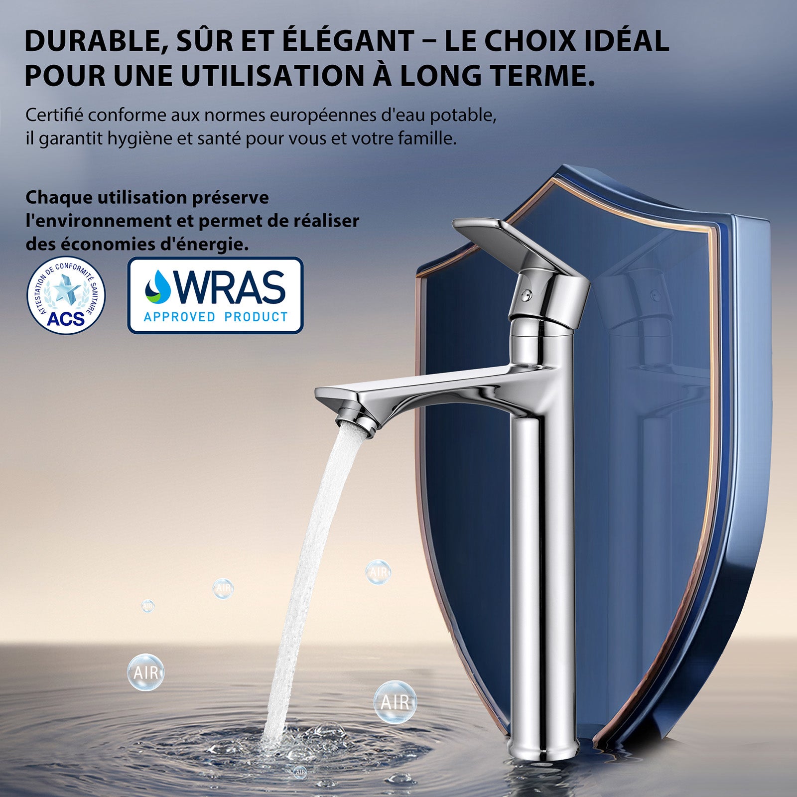 Rubinetto Lavabo Cromato con Bocca Alta, Rubinetto da Bagno per Lavabo da Appoggio, Rubinetteria per Acqua Calda e Fredda, in Ottone Durevole - 9