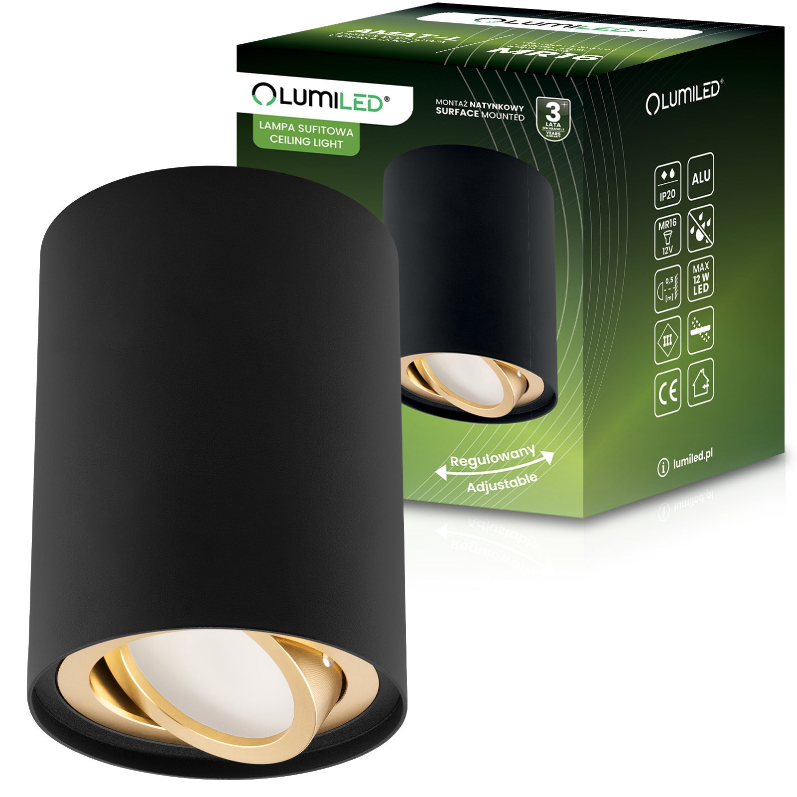 Oprawa Natynkowa Lumiled Halogenowa Spot Tuba Ruchoma GU10 Okrągła Czarno-Złota 115mm 1 szt.
