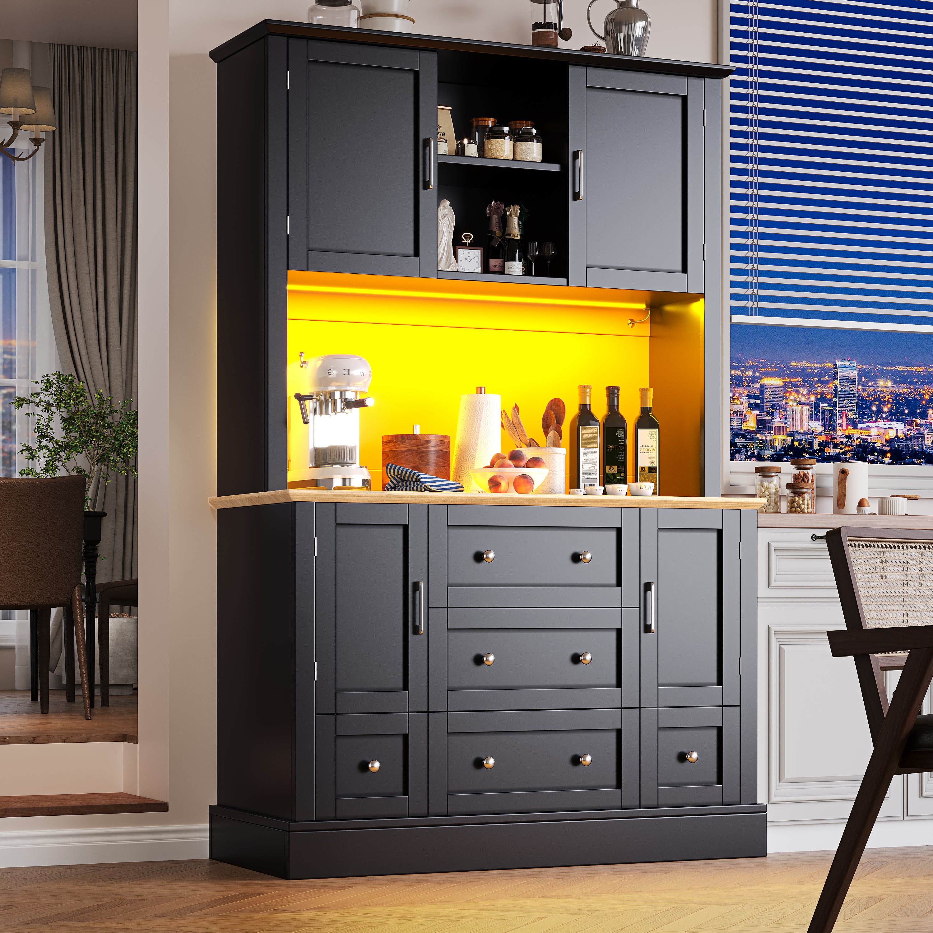 Kredens kuchenny z 4 drzwiami i 3 szufladami - 115 x 40 x 180 cm - LED - MDF - Czarny + naturalny