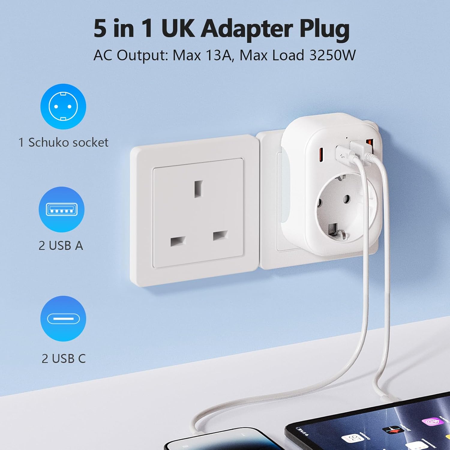 Adaptateur Prise Anglaise Type G, avec 2 USB A & 2 USB C, FR 2 Broches vers GB 3 Broches pour Irlande Angleterre Ecosse Dubaï Malte - 3