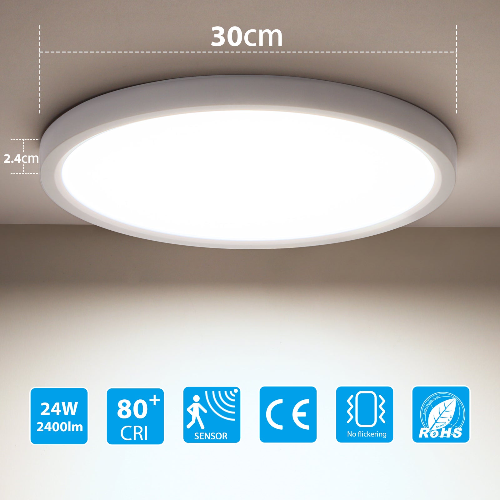 Lampa sufitowa z czujnikiem ruchu do wnętrz, 24 W 2400 LM Okrągła lampa sufitowa, średnica 30 cm, ultracienka 4000 K LED Czujnik sufitowy jak cor - 2