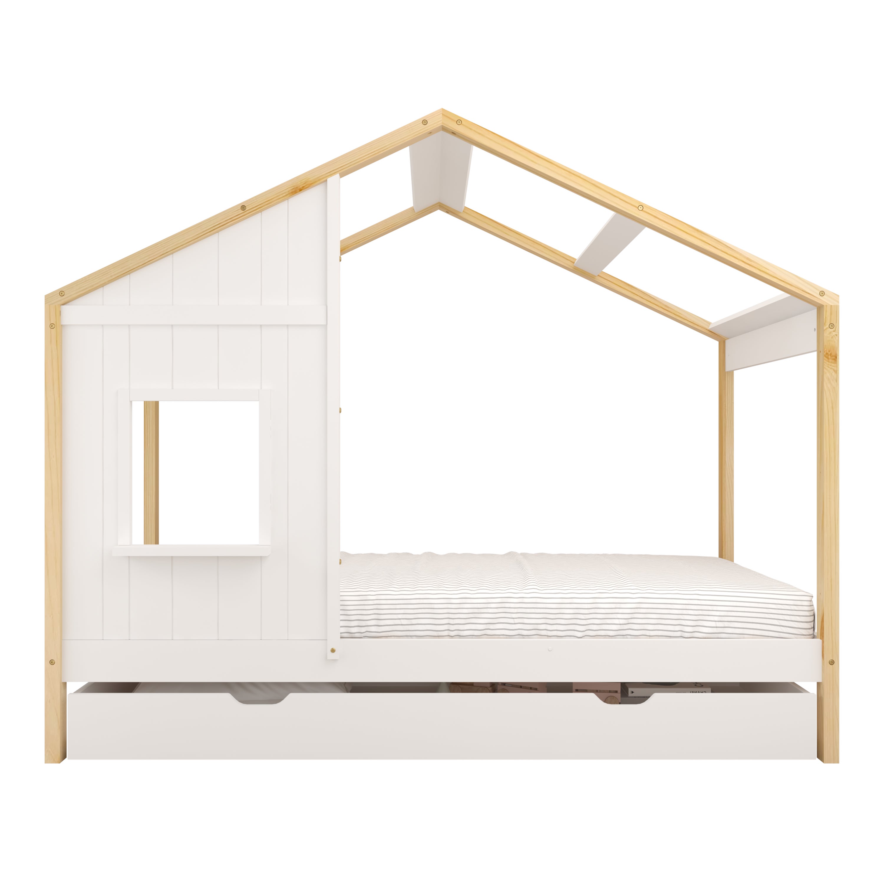 Sunny Beau Lit Cabane avec Tiroir de Rangement, en Bois, Marron/Blanc | Au Sol Enfants, Montessori - Sans Matelas - 208 X 97 X 171 Cm | - 2