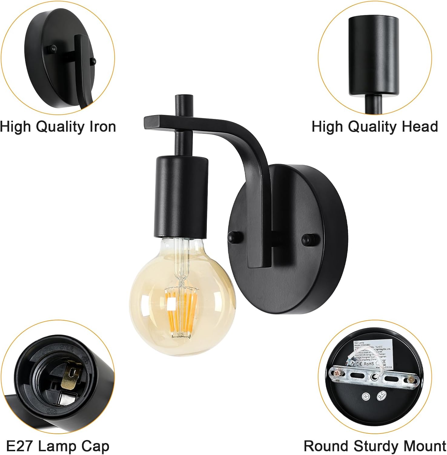 COMELY Set di 2 applique da parete vintage industriali, lampada da parete in metallo nero E27, illuminazione da interni per soggiorno, camera da letto - 3