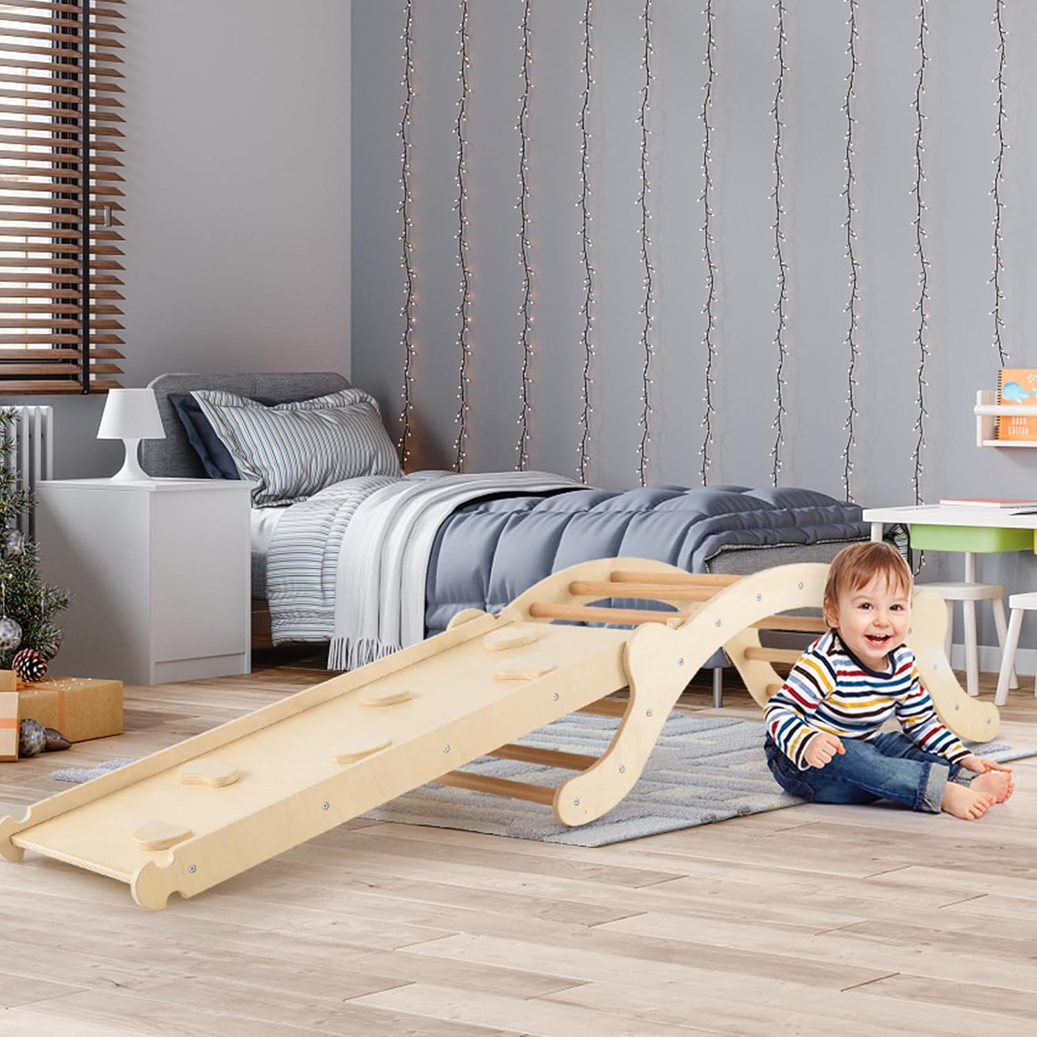 4 en 1 Arche d’Escalade Montessori Enfant Bois avec Toboggan Ajustable en Bois, avec Coussin Charge 60KG pour Bébé 1 an+ (Naturel Plus) - 8