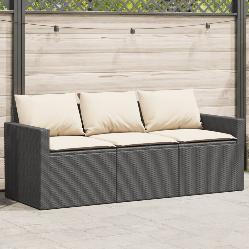 Sofa ogrodowa z poduszkami, 3-osobowa, czarna, polirattan vidaXL