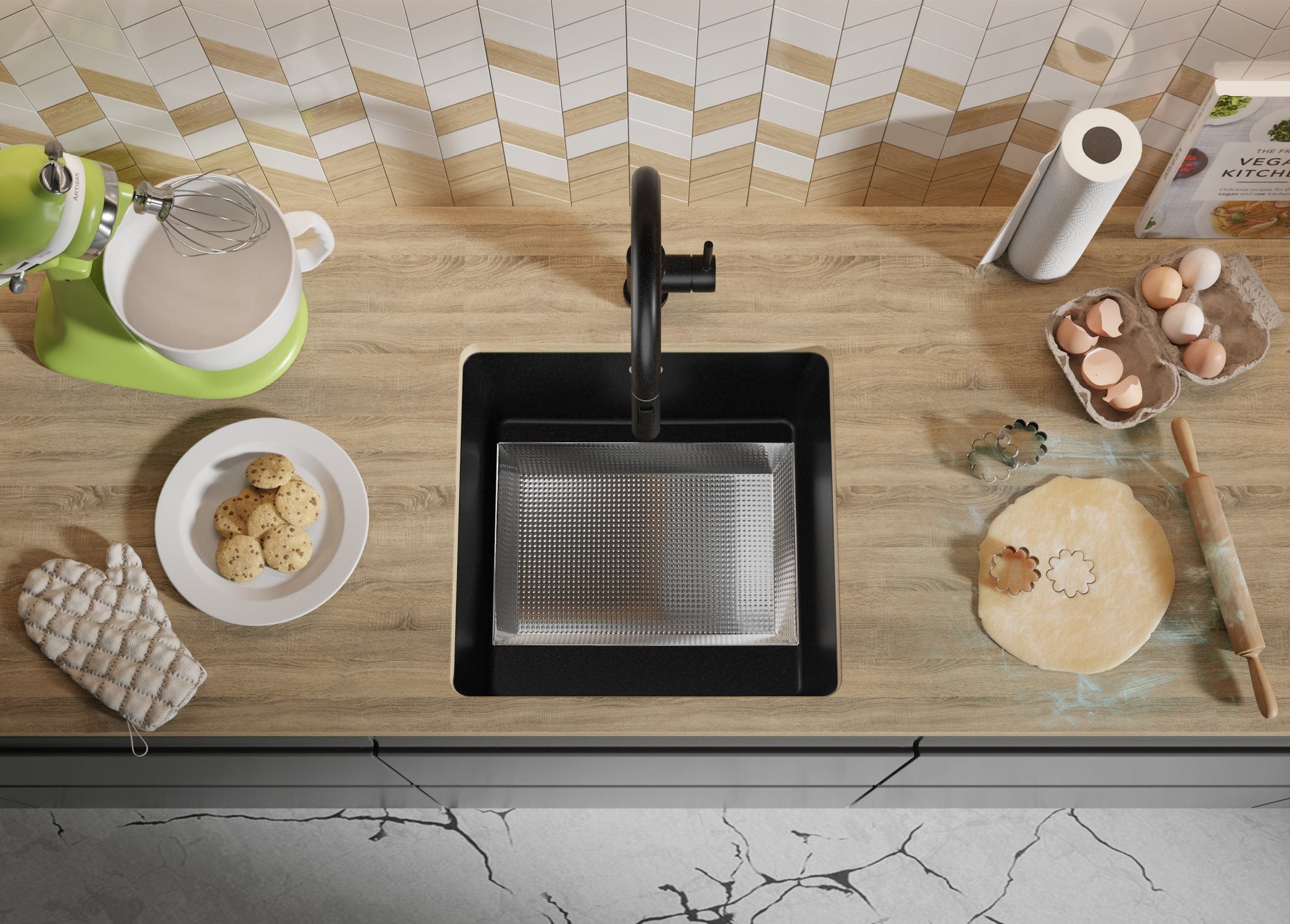 Lava-louça de encastrar Todo Preto 46x44cm, Pia de Cozinha 1 cuba + Kit de drenagem, Pia em Granito em armários de 50cm - Veneza Easy PRIMAGRAN - 8