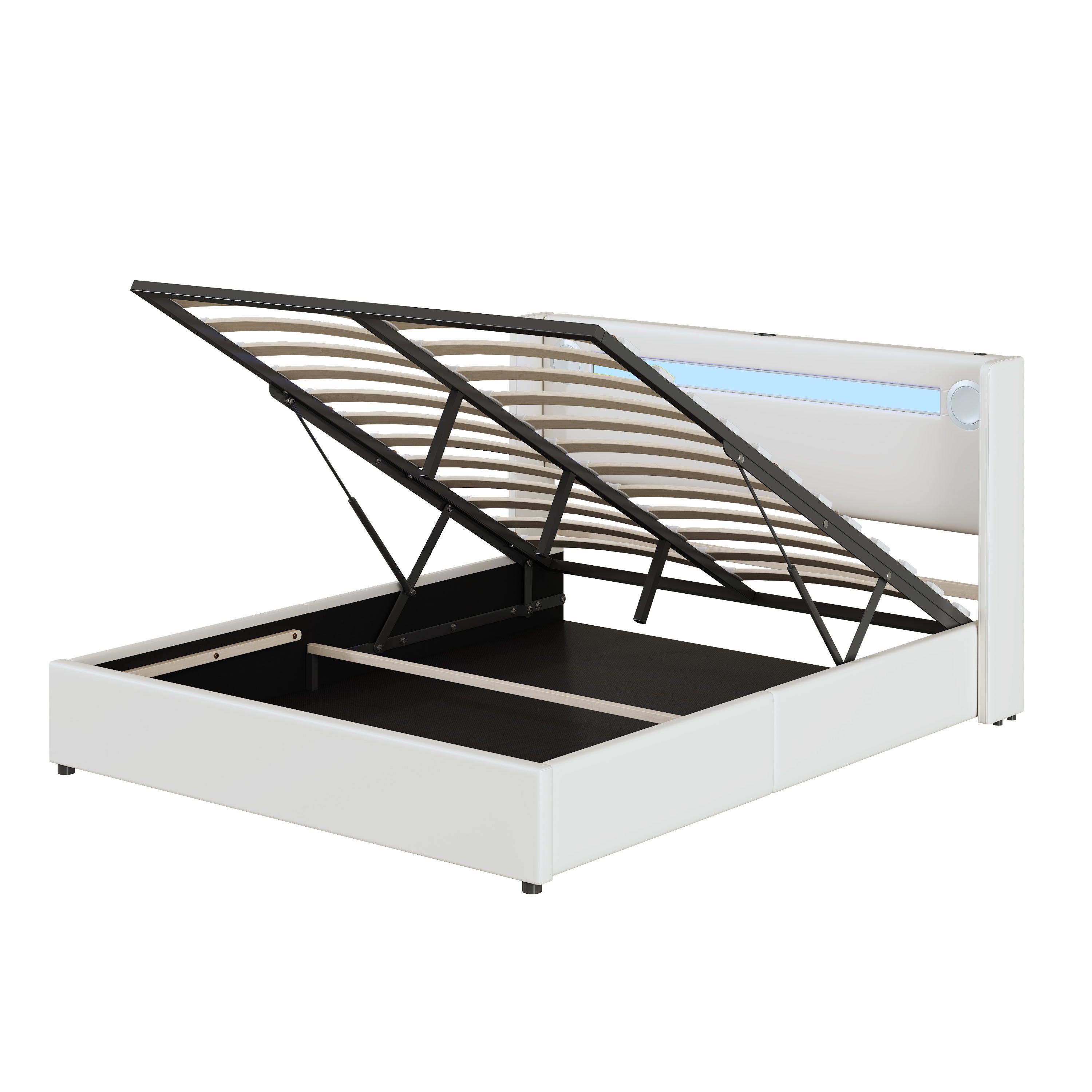 Łóżko z tapicerowanym zagłówkiem z ekoskóry 160x200cm z LED, odtwarzaczem Bluetooth i portami USB - z stelażem na listwy - Białe - 9