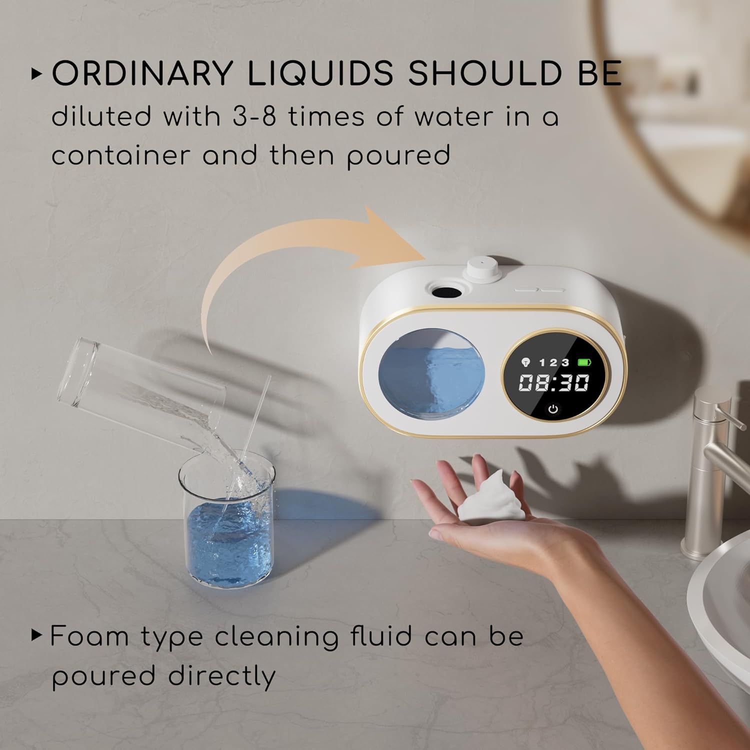Distributeur de savon automatique blanc sans contact, affichage de l'heure LED HD, distributeur de savon en mousse mural rechargeable, salle de bains - 5