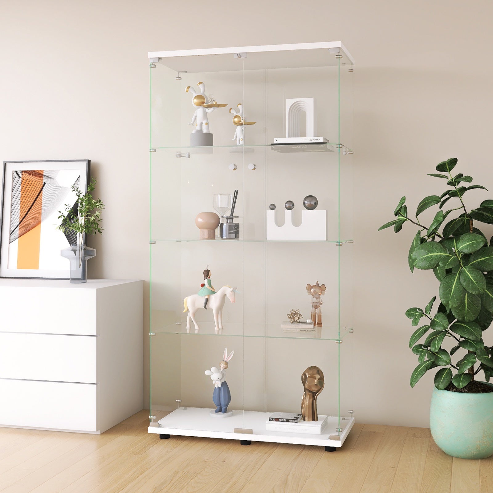 Vitrina de exposición de vidrio - Mueble de almacenamiento con 4 estantes y 2 puertas - 164,3 x 80,5 x 36,3 cm - Salón, despacho - Blanco - 7