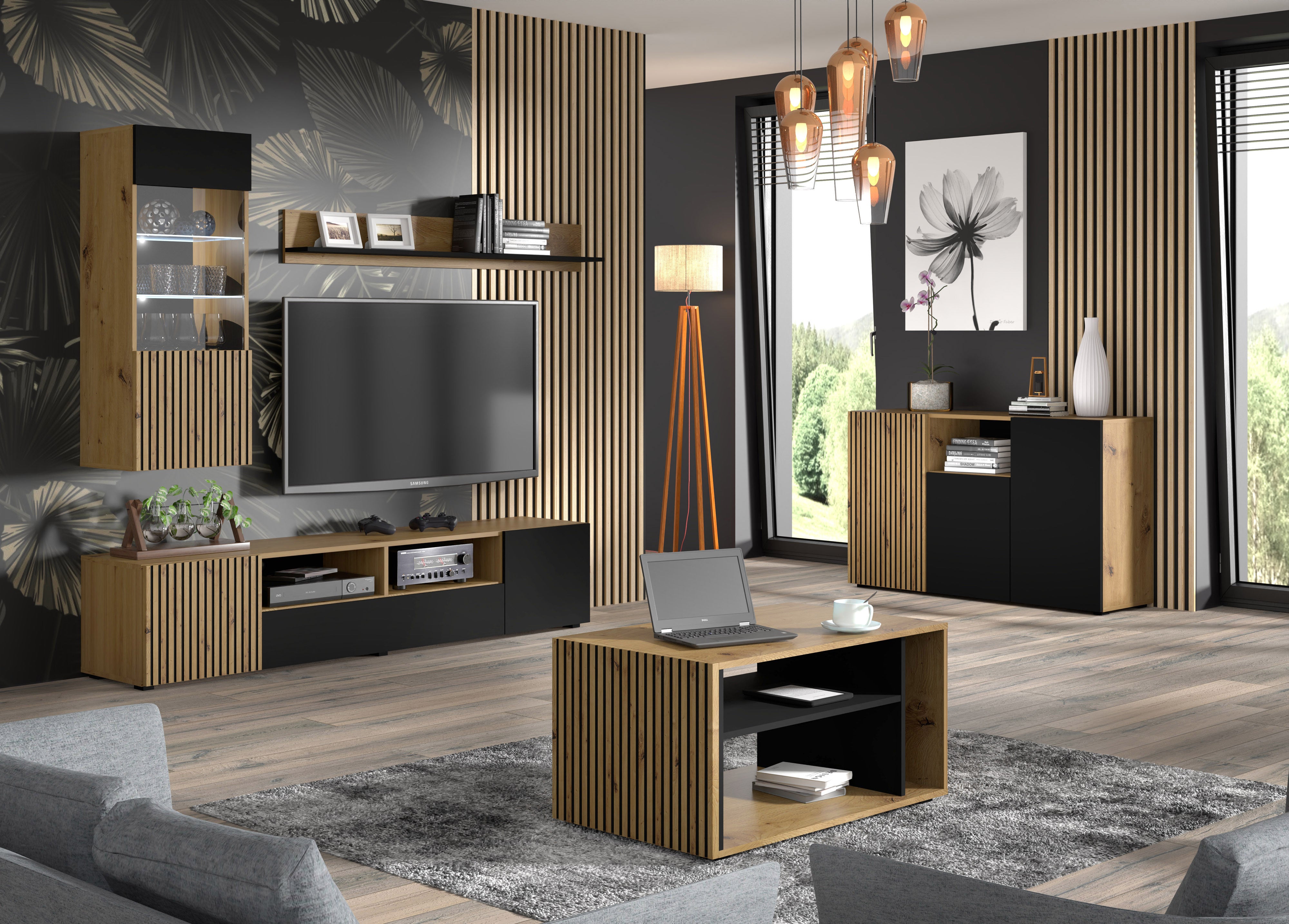 Meuble TV 3 portes 200 cm Nera Bois et Noir - 5